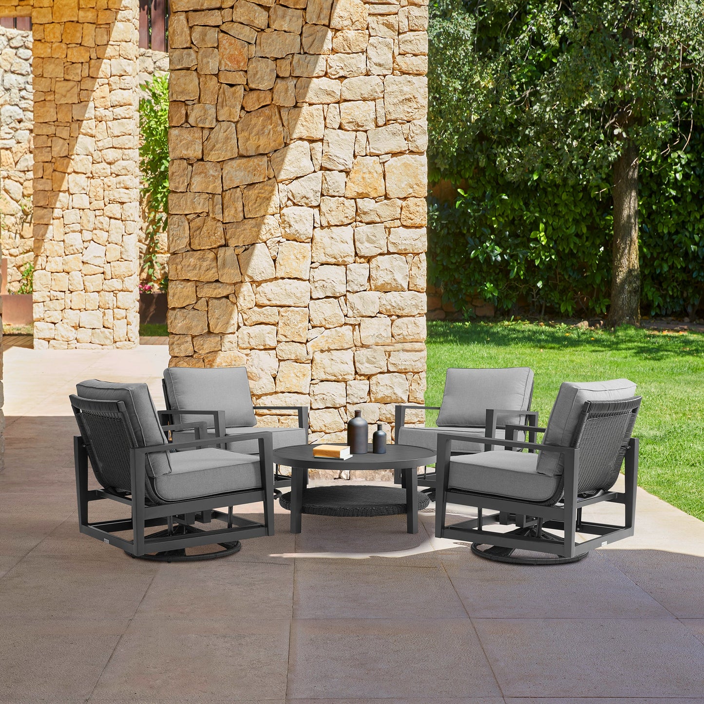 Grand 5 Piece Black Aluminum Outdoor Seating Set with Dark Gray Cushions