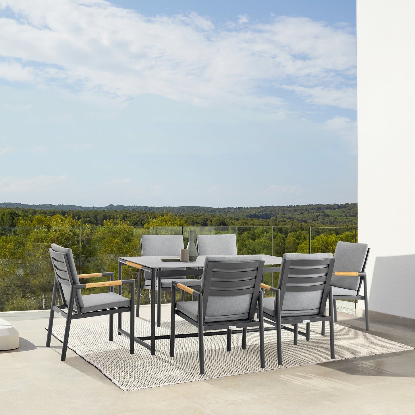 Royal Black Aluminum and Teak Outdoor Dining Table with Stone Top