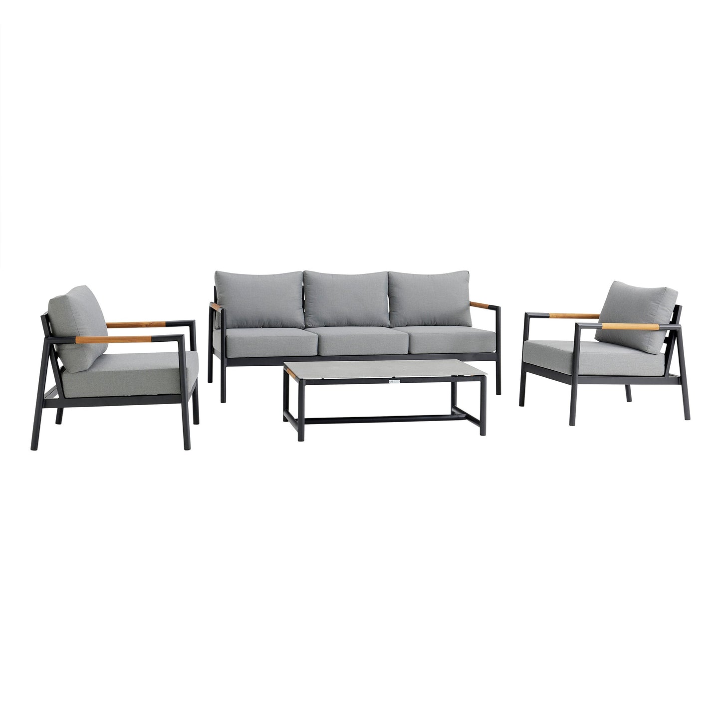 Royal 4 Piece Black Aluminum and Teak Outdoor Seating Set with Dark Gray Cushions