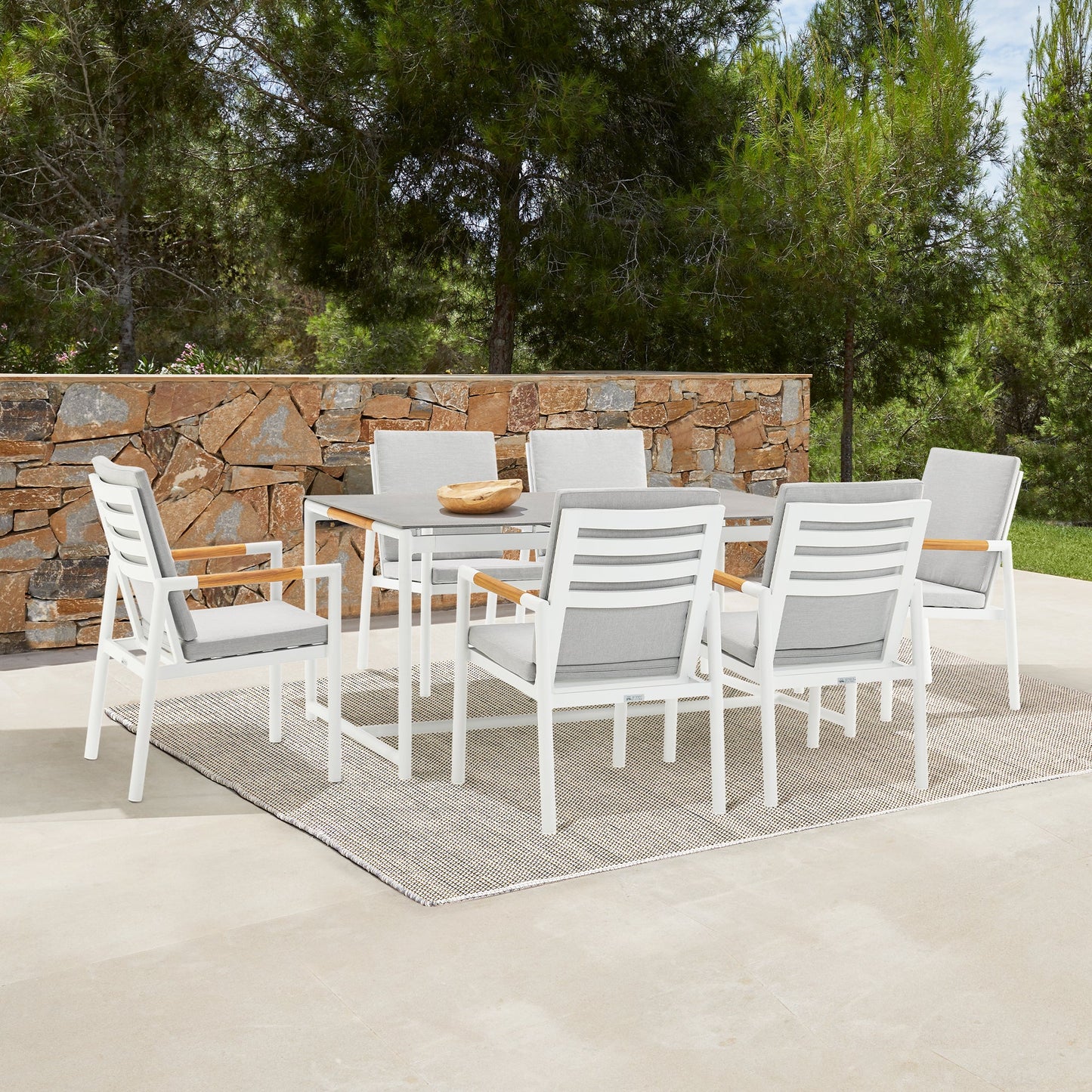 Royal 7 Piece White Aluminum and Teak Outdoor Dining Set with Light Gray Fabric