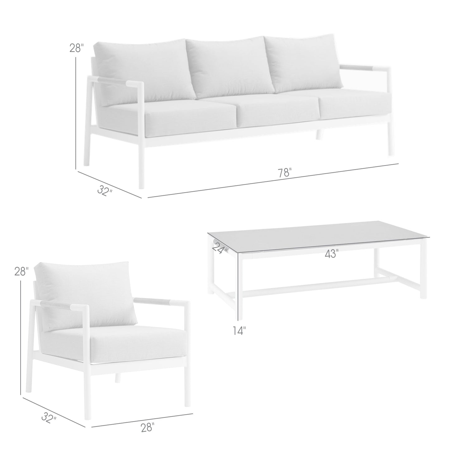 Royal 4 Piece White Aluminum and Teak Outdoor Seating Set with Light Gray Cushions