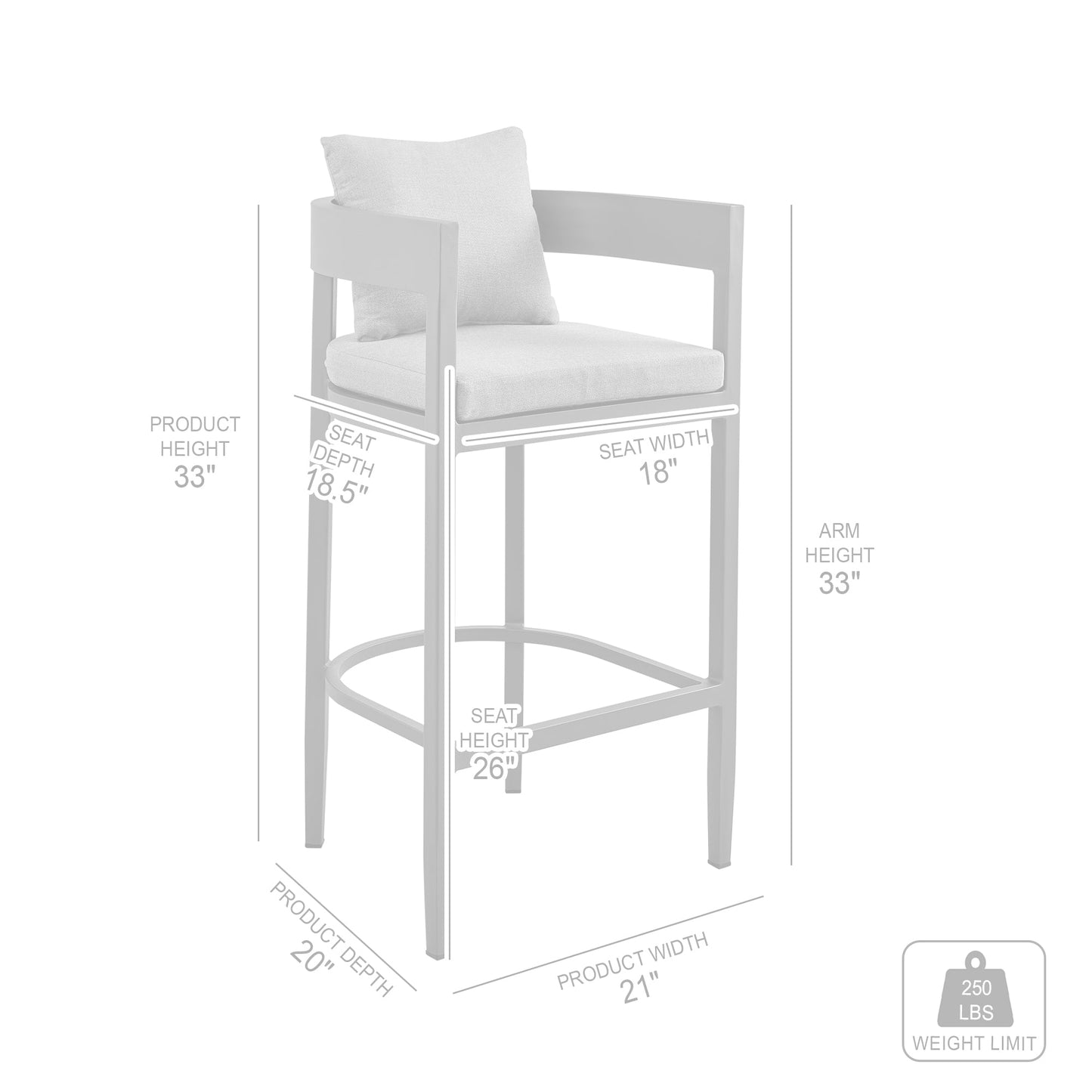 Argiope Outdoor Patio Counter Height Bar Stool in Aluminum with Gray Cushions