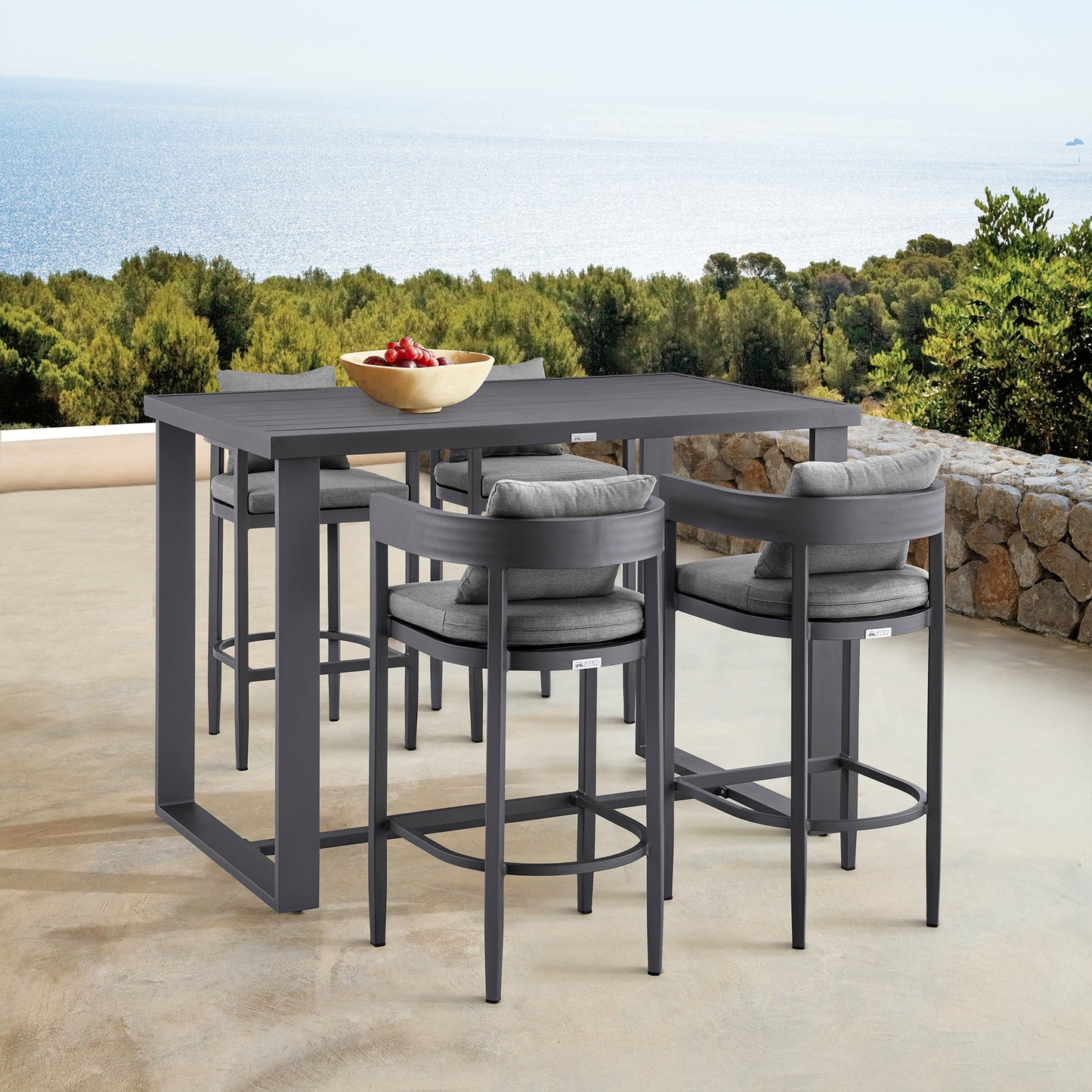 Argiope Outdoor Patio Counter Height Bar Stool in Aluminum with Gray Cushions