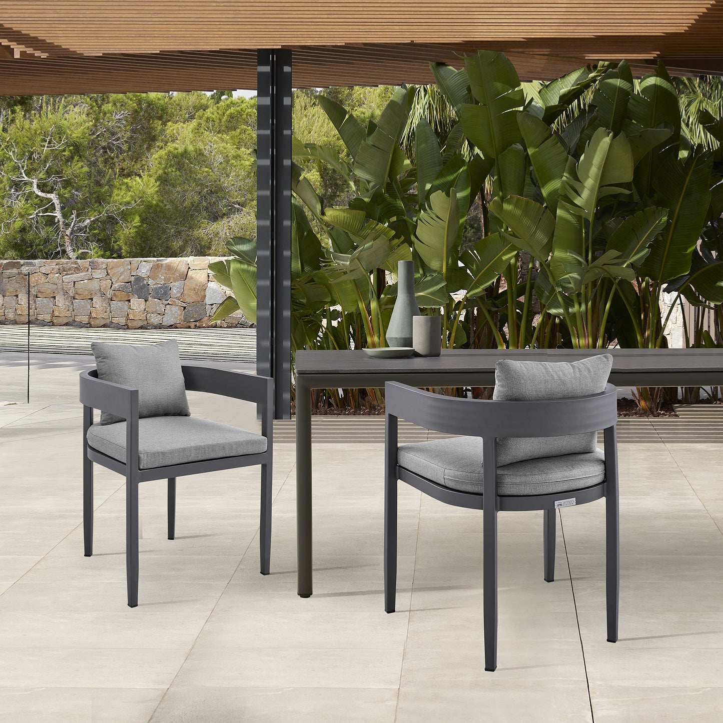 Argiope Outdoor Patio Dining Chairs in Aluminum with Gray Cushions - Set of 2