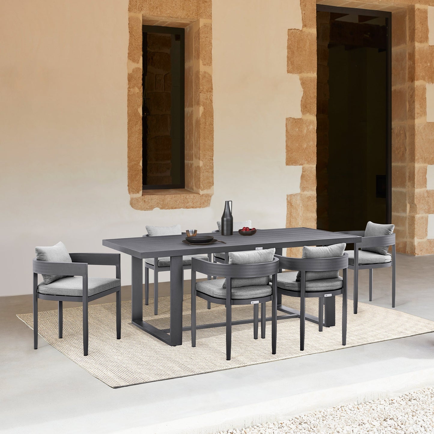 Argiope Outdoor Patio 7-Piece Dining Table Set in Aluminum with Gray Cushions