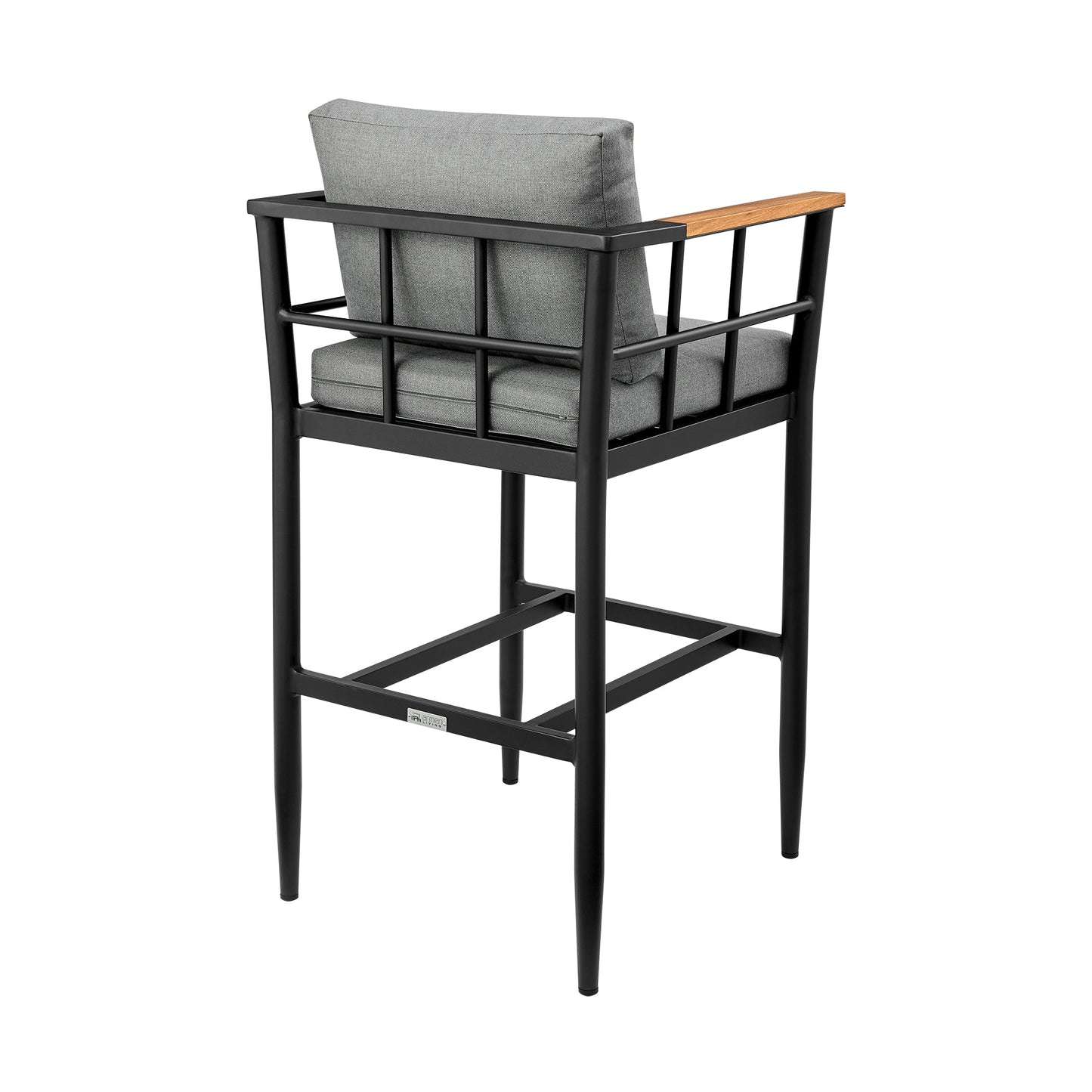 Wiglaf Outdoor Patio Counter Height Bar Stool in Aluminum and Teak with Gray Cushions