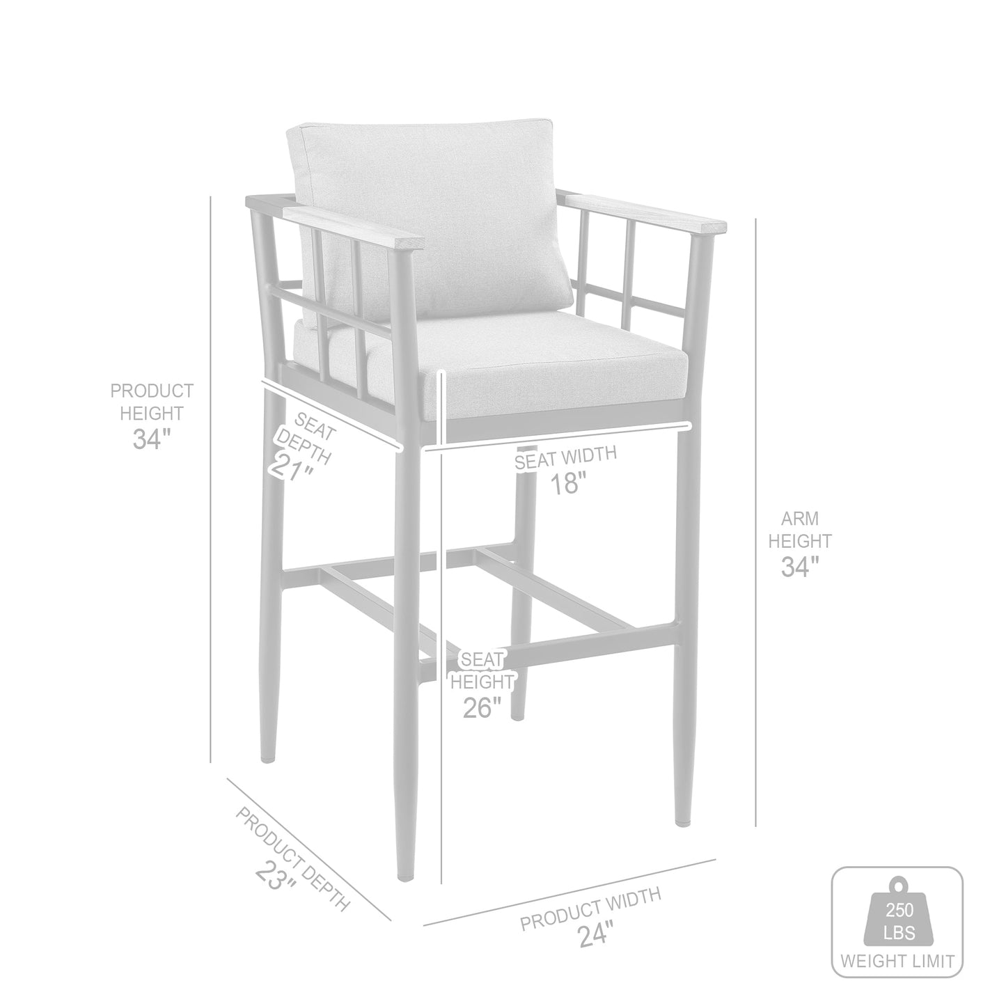 Wiglaf Outdoor Patio Counter Height Bar Stool in Aluminum and Teak with Gray Cushions