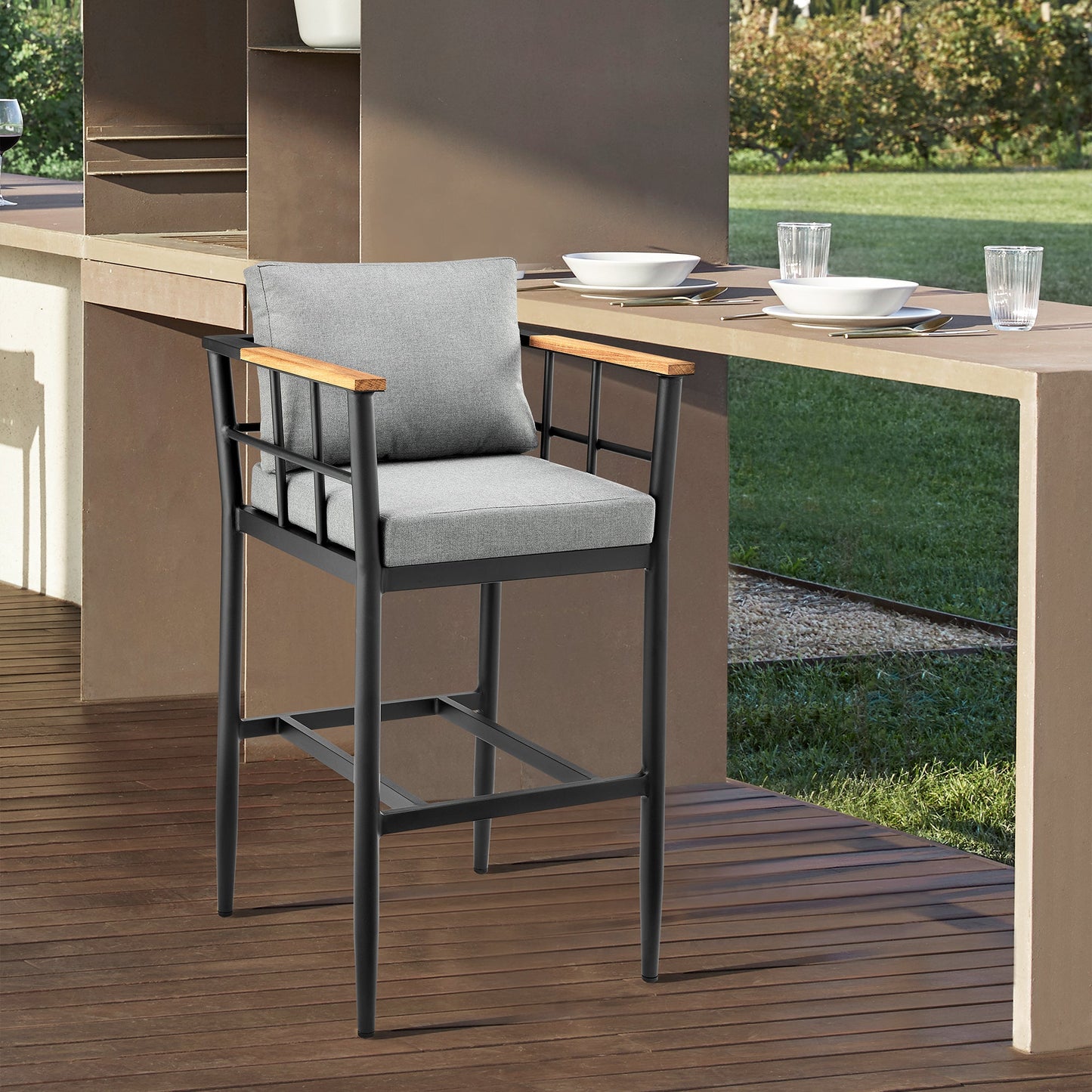 Wiglaf Outdoor Patio Counter Height Bar Stool in Aluminum and Teak with Gray Cushions