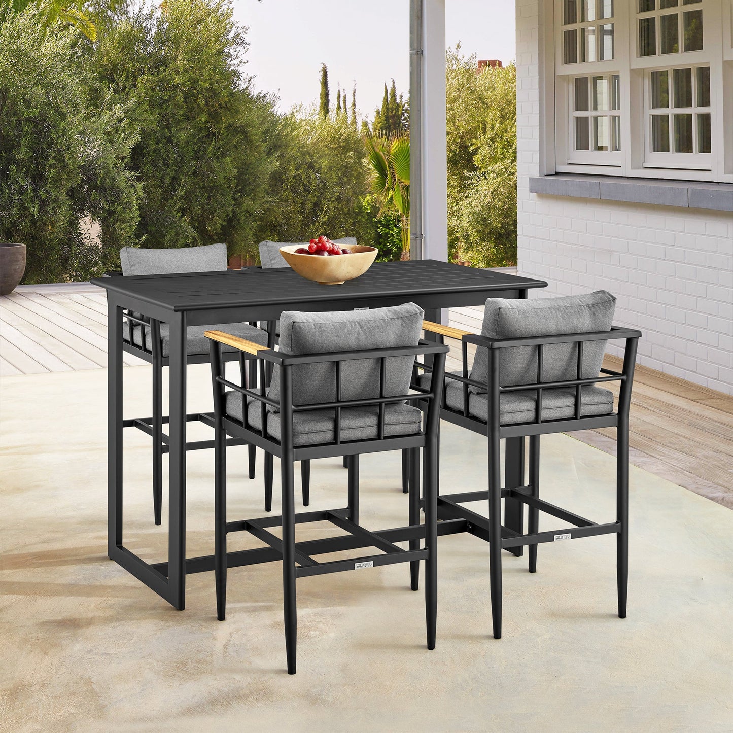 Wiglaf Outdoor Patio Counter Height Bar Stool in Aluminum and Teak with Gray Cushions