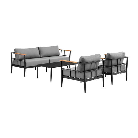 Shari Outdoor Patio 4-Piece Lounge Set in Aluminum with Teak Wood and Gray Cushions