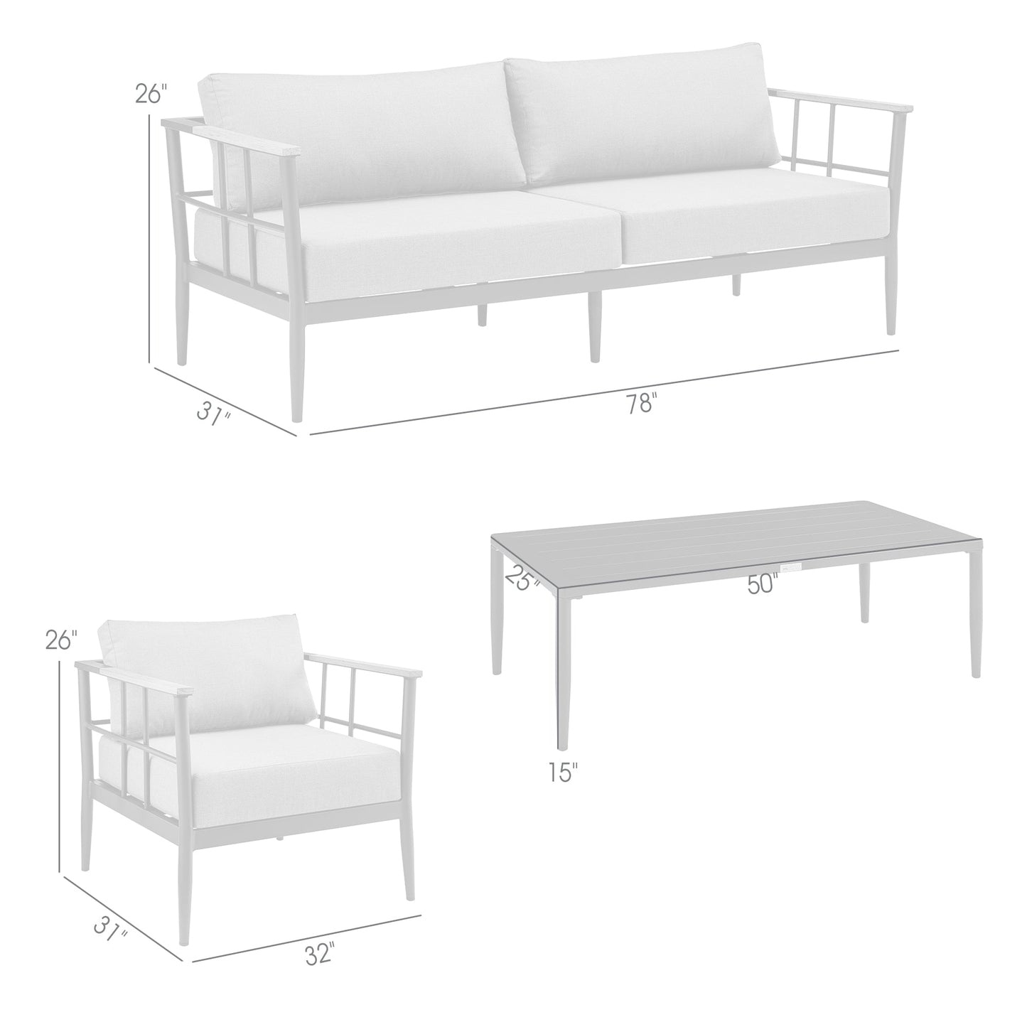 Shari Outdoor Patio 4-Piece Lounge Set in Aluminum with Teak Wood and Gray Cushions