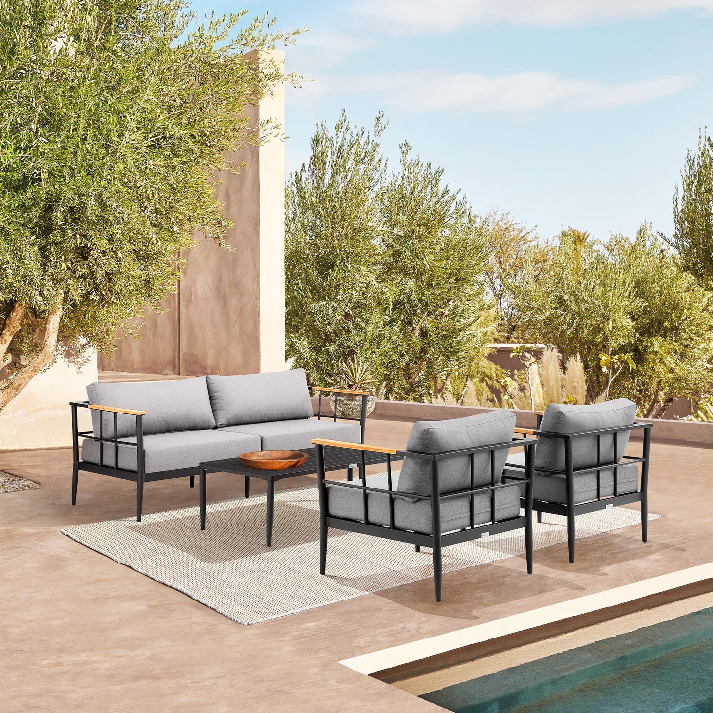 Shari Outdoor Patio 4-Piece Lounge Set in Aluminum with Teak Wood and Gray Cushions