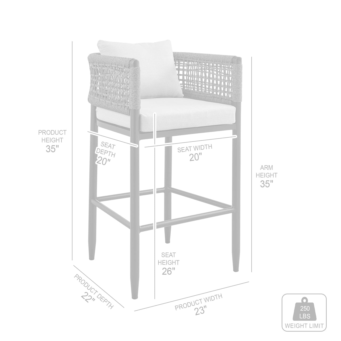 Felicia Outdoor Patio Counter Height Bar Stool in Aluminum with Gray Rope and Cushions