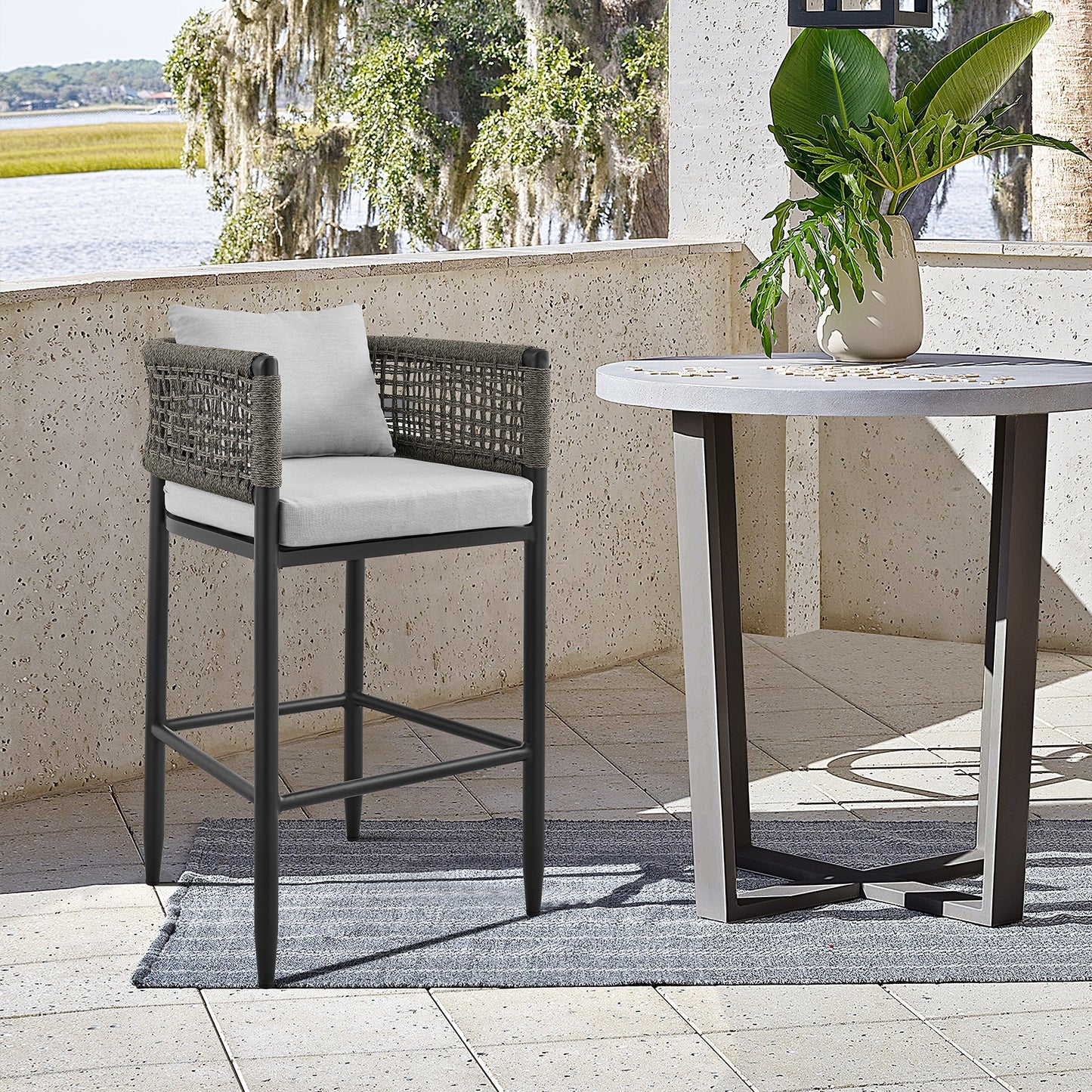 Felicia Outdoor Patio Counter Height Bar Stool in Aluminum with Gray Rope and Cushions