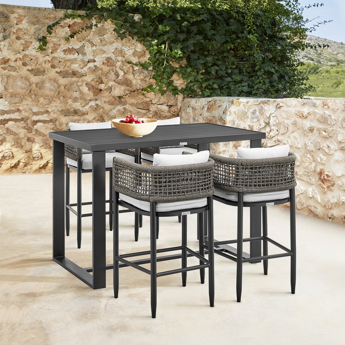 Felicia Outdoor Patio Counter Height Bar Stool in Aluminum with Gray Rope and Cushions