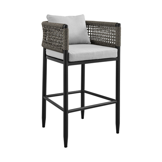 Felicia Outdoor Patio Bar Stool in Aluminum with Gray Rope and Cushions