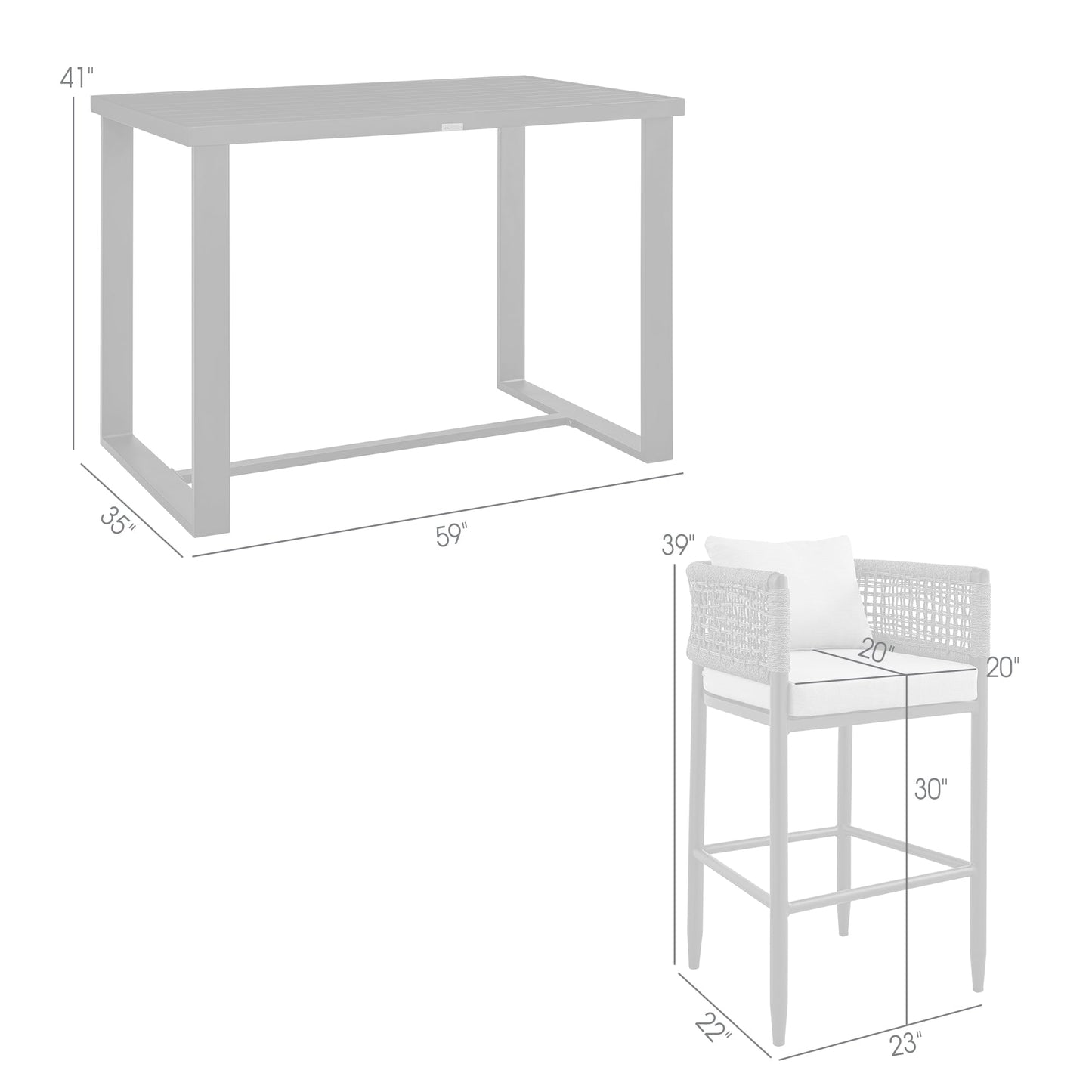 Felicia Outdoor Patio 5-Piece Bar Table Set in Aluminum with Gray Rope and Cushions