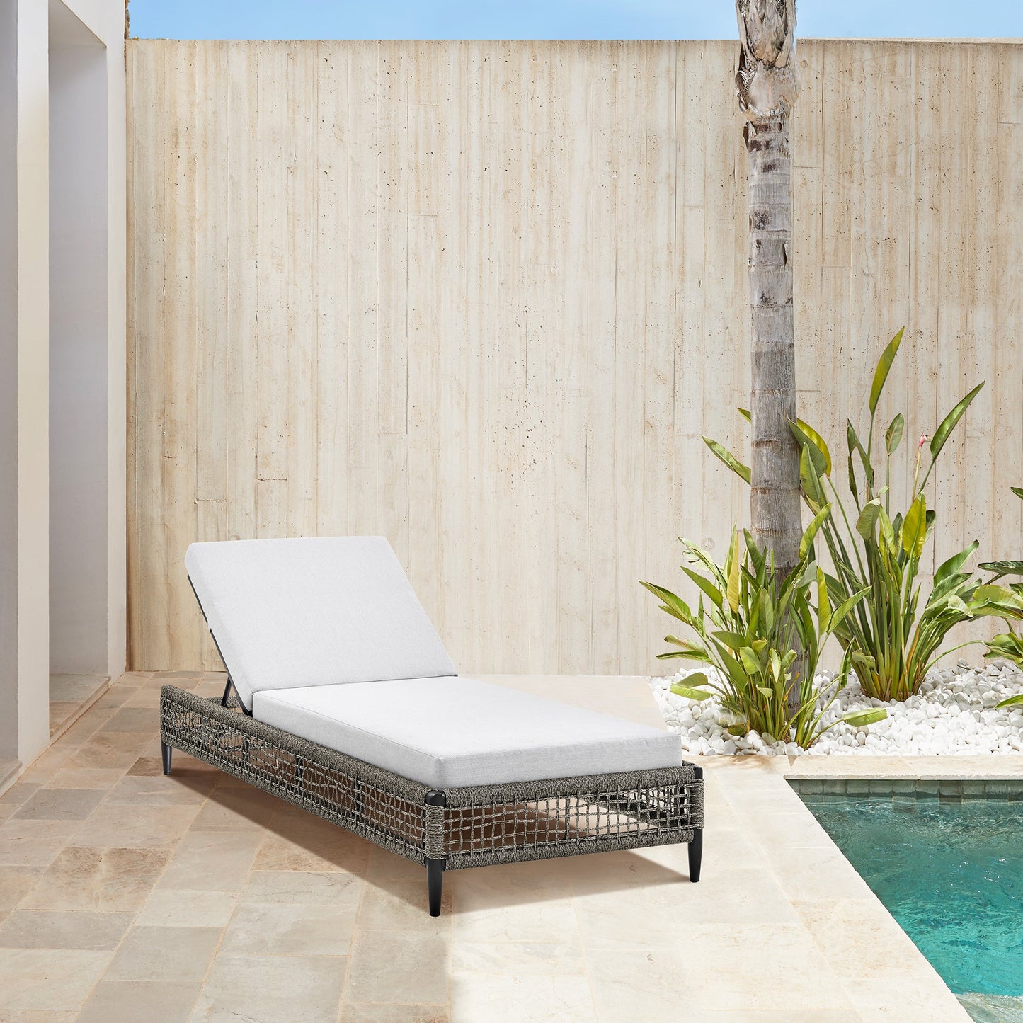 Felicia Outdoor Patio Adjustable Chaise Lounge Chair in Aluminum with Gray Rope and Cushions