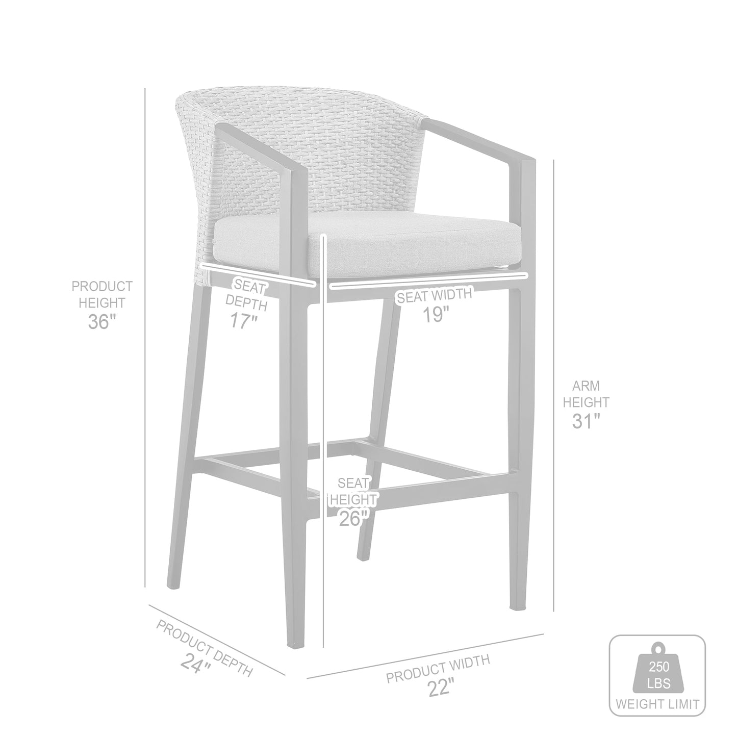 Aileen Outdoor Patio Counter Height Bar Stool in Aluminum and Wicker with Gray Cushions