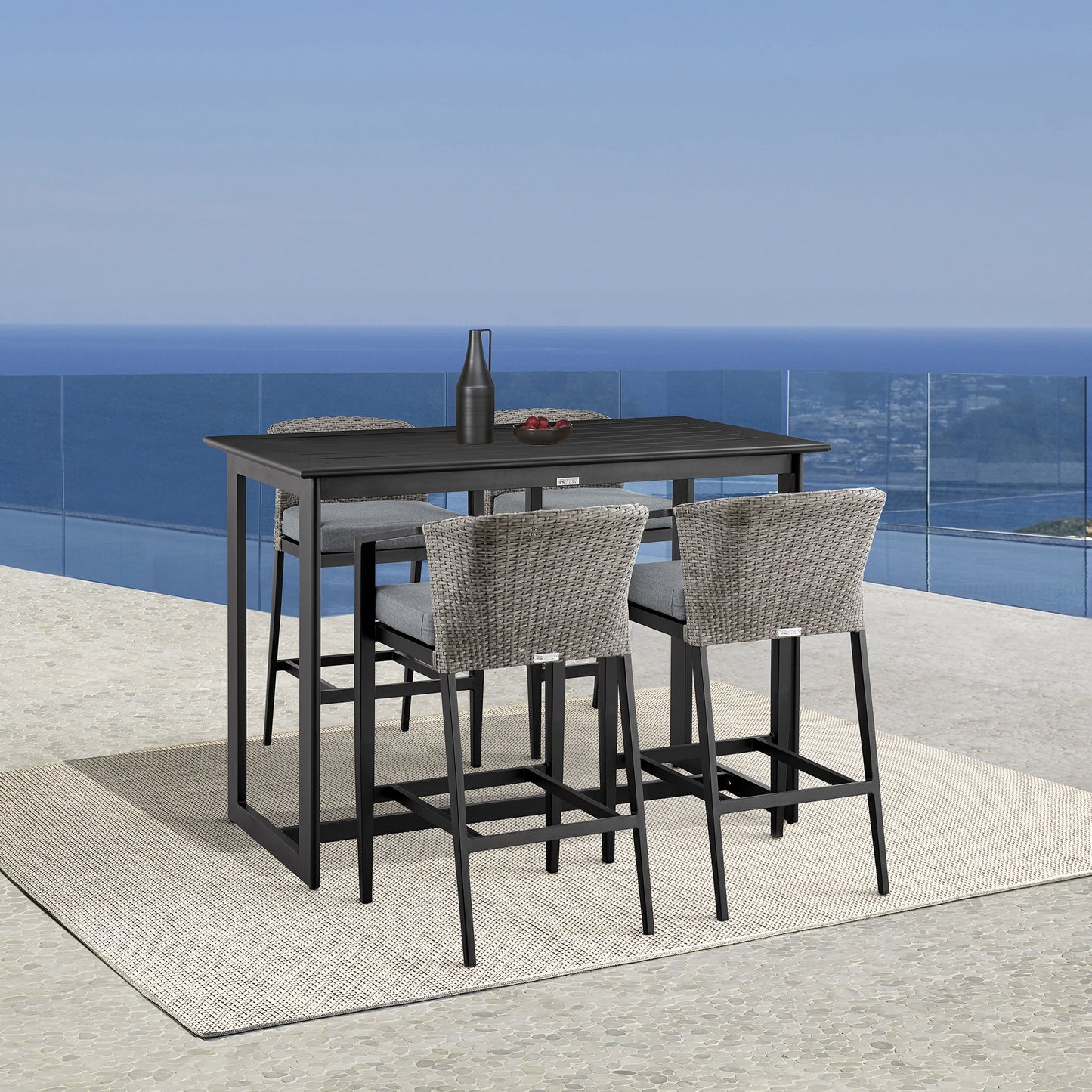 Aileen Outdoor Patio Counter Height Bar Stool in Aluminum and Wicker with Gray Cushions