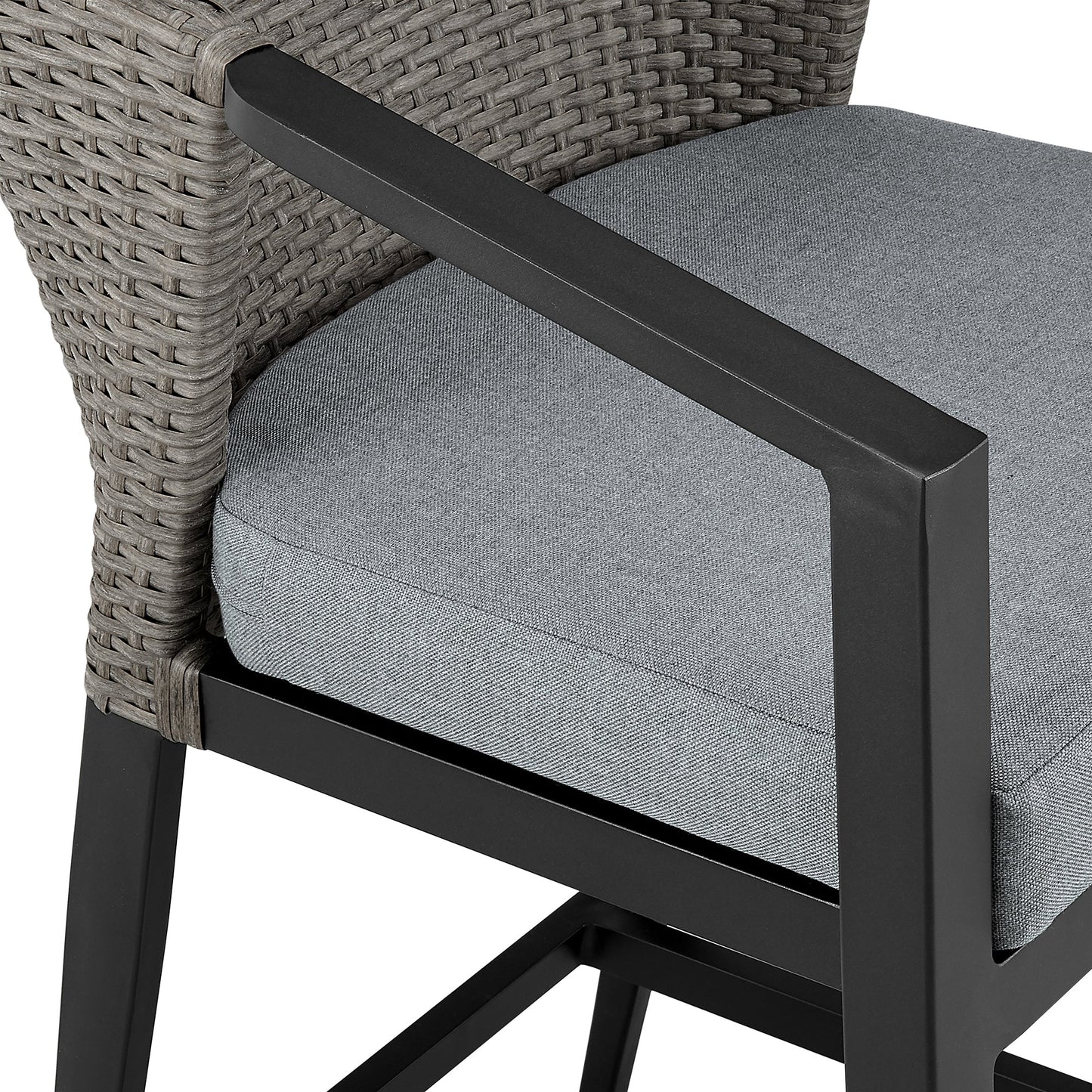 Aileen Outdoor Patio Bar Stool in Aluminum and Wicker with Gray Cushions