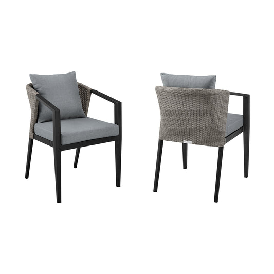 Aileen Outdoor Patio Dining Chairs in Aluminum and Wicker with Gray Cushions - Set of 2