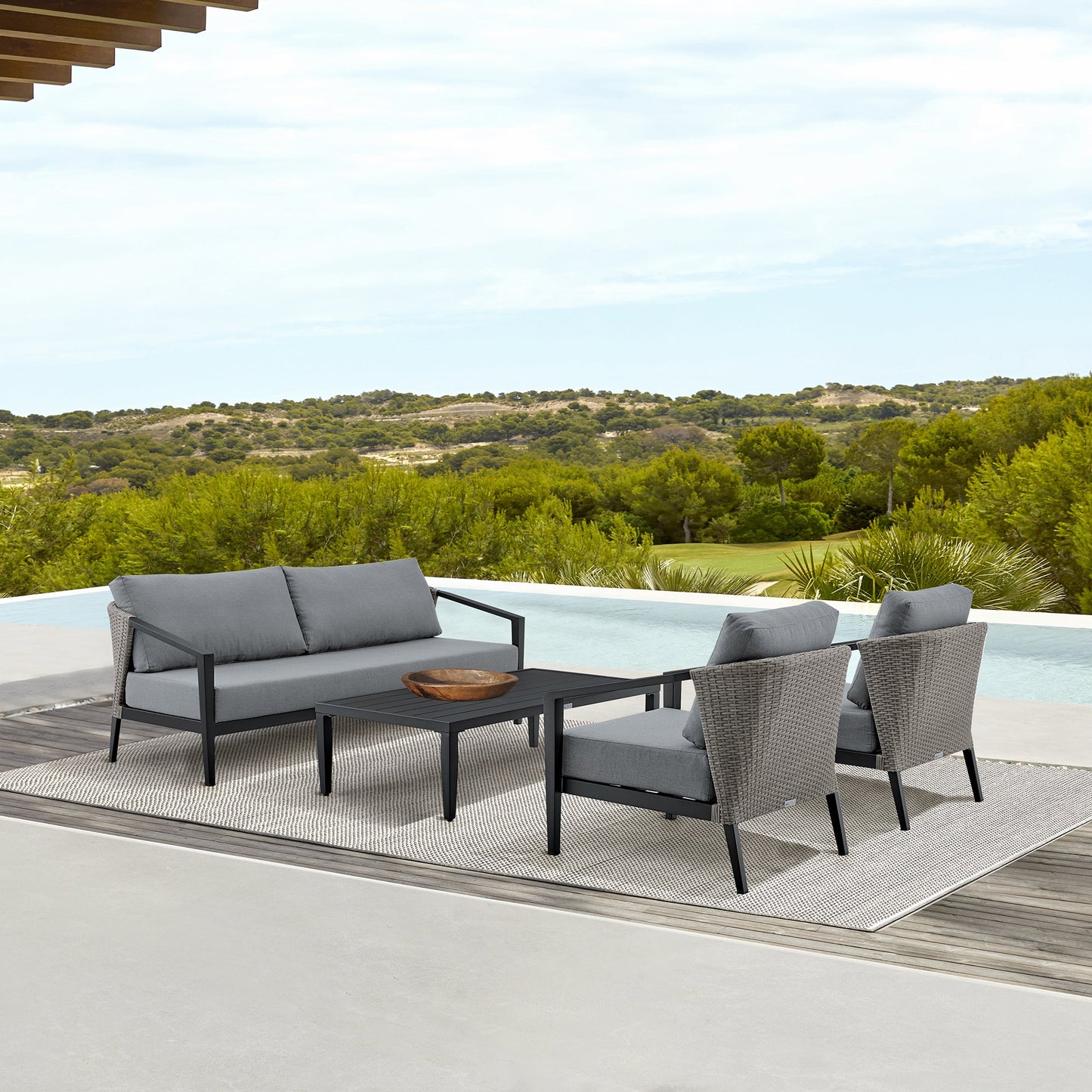 Aileen Outdoor Patio 4-Piece Lounge Set in Aluminum and Wicker with Gray Cushions