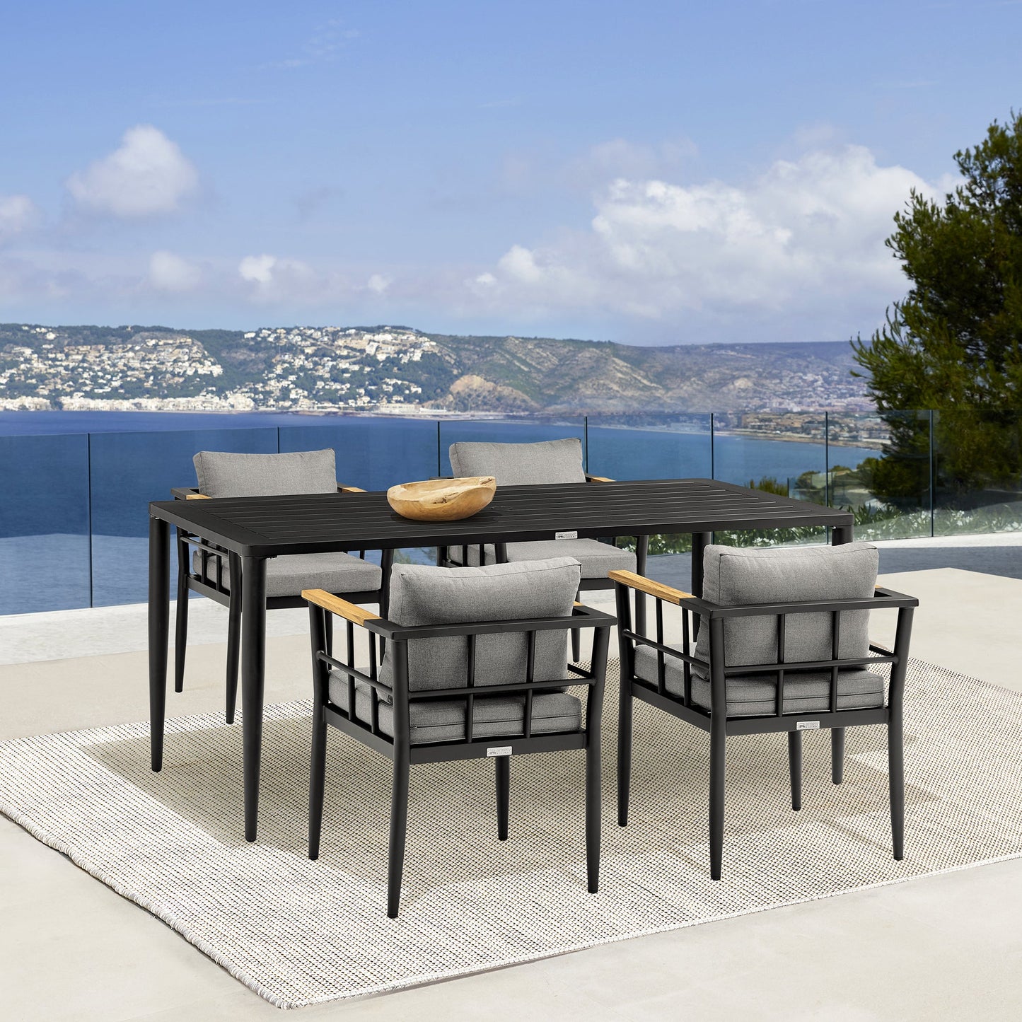 Beowulf Outdoor Patio 5-Piece Dining Table Set in Aluminum and Teak with Gray Cushions