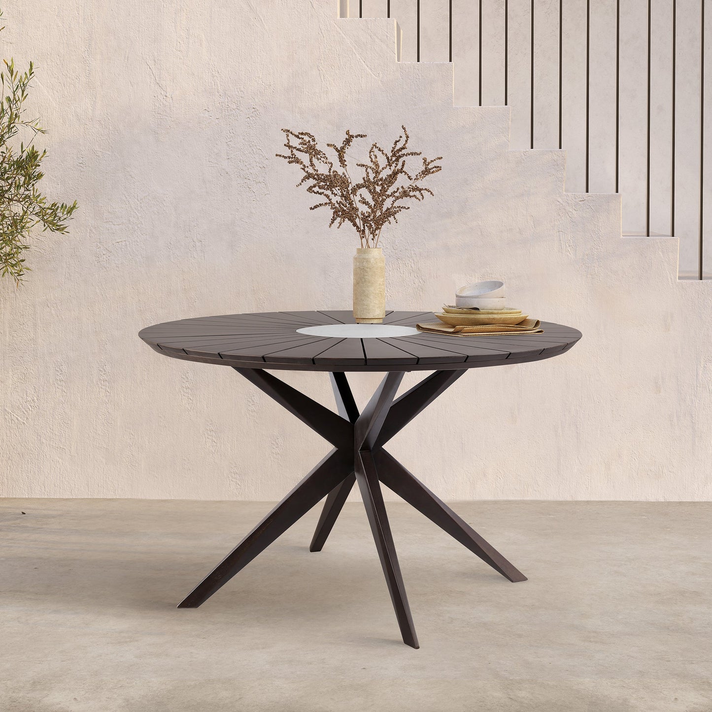 Sachi Outdoor Dark Eucalyptus Wood and Concrete Round Dining Table