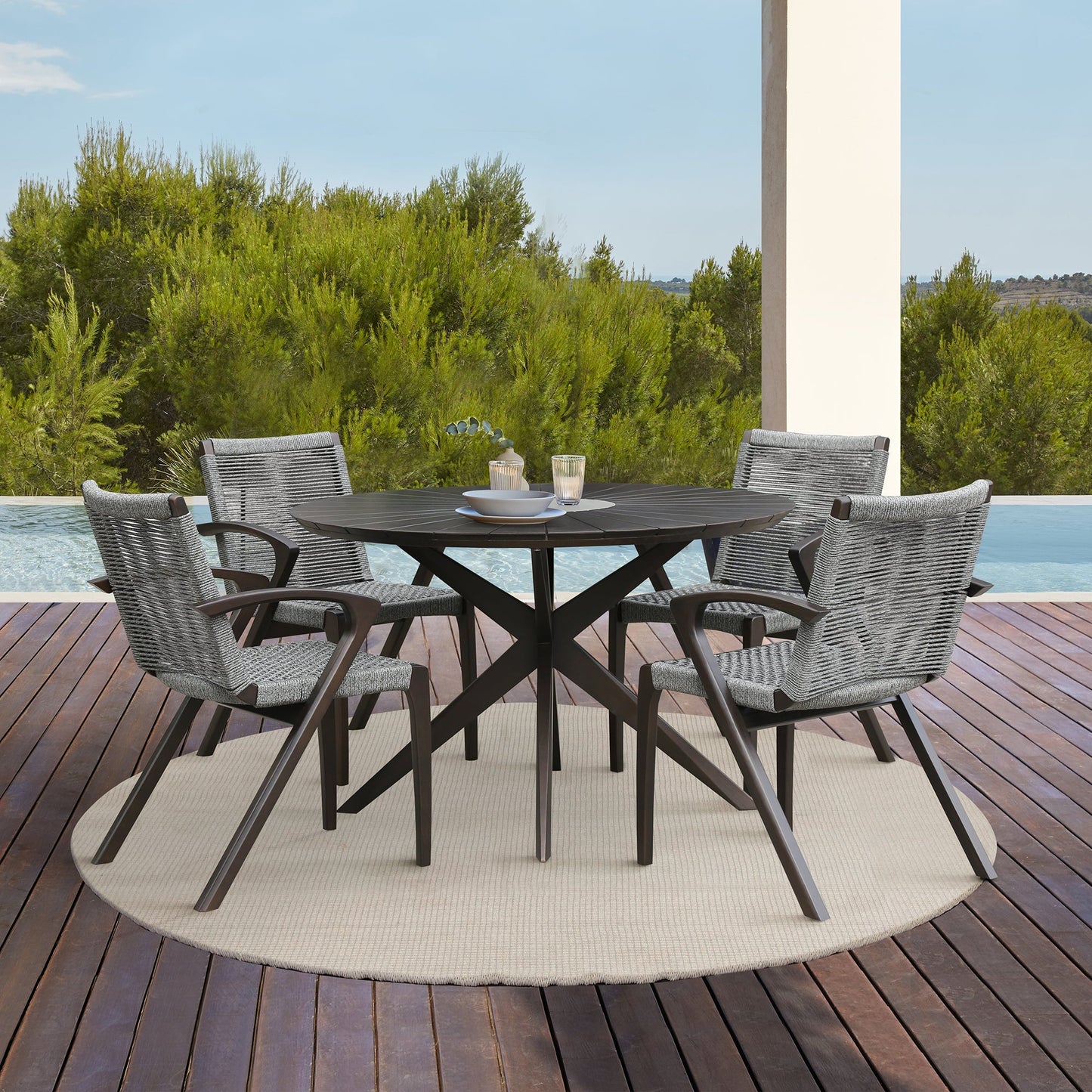 Sachi Outdoor Dark Eucalyptus Wood and Concrete Round Dining Table