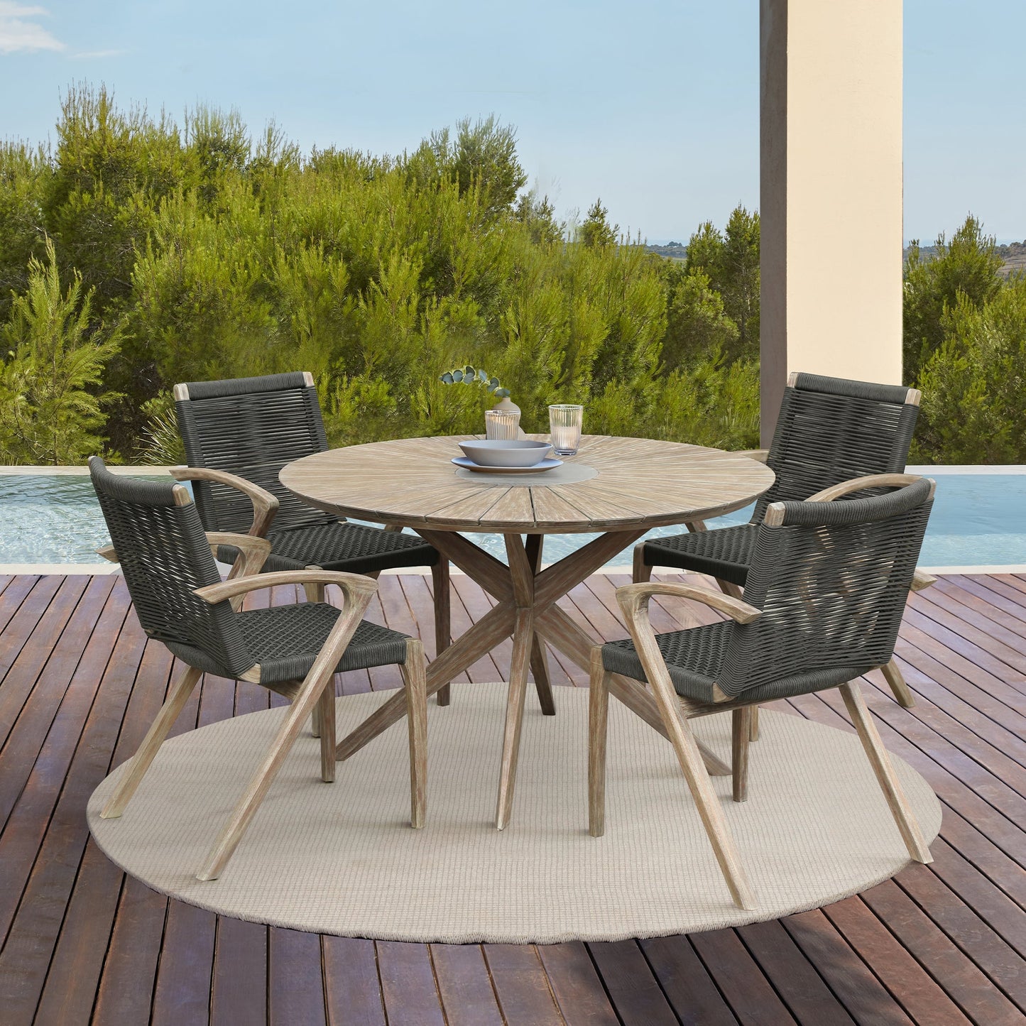 Sachi and Nabila Outdoor 5 Piece Light Eucalyptus and Concrete Dining Set