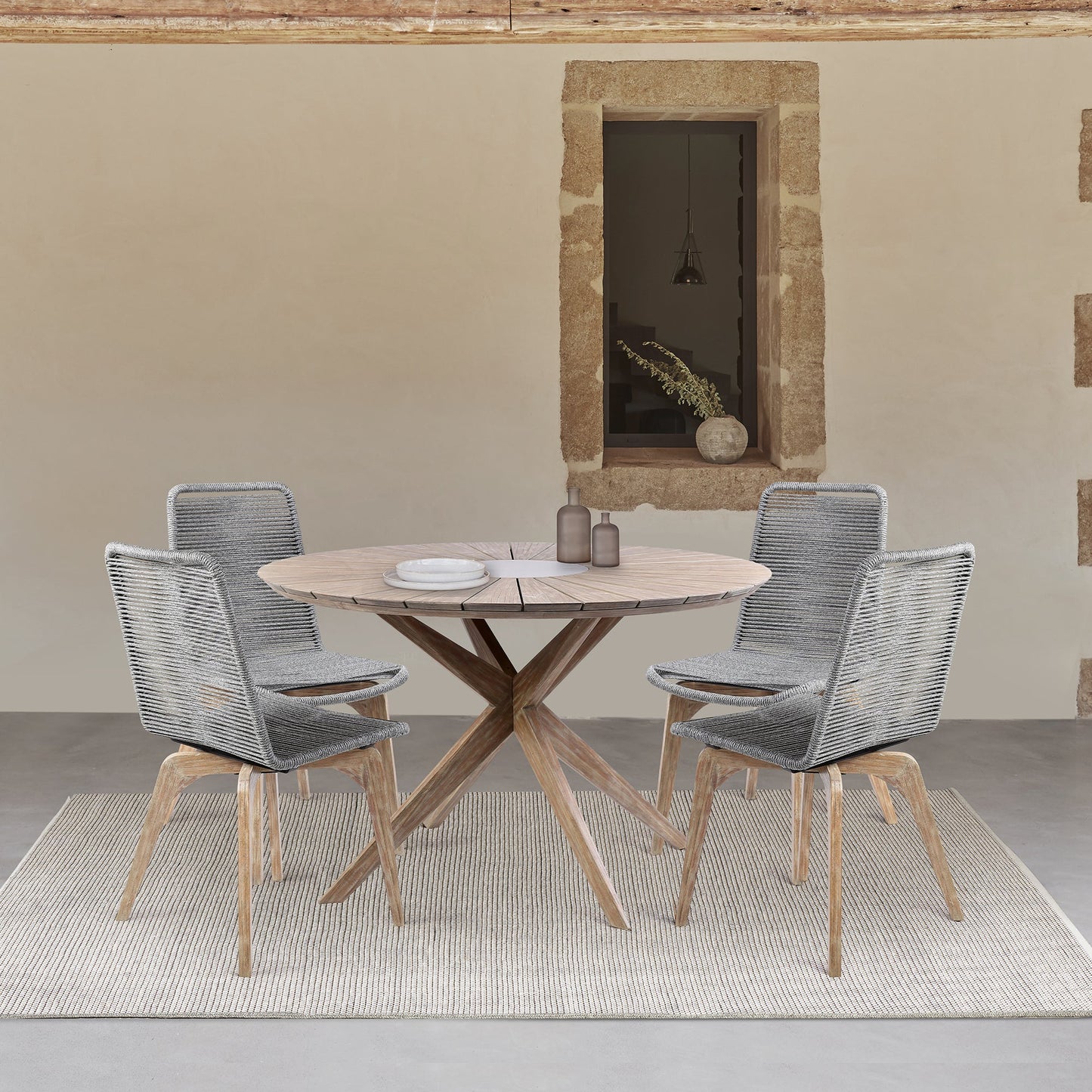 Sachi and Island Outdoor 5 Piece Light Eucalyptus and Concrete Dining Set