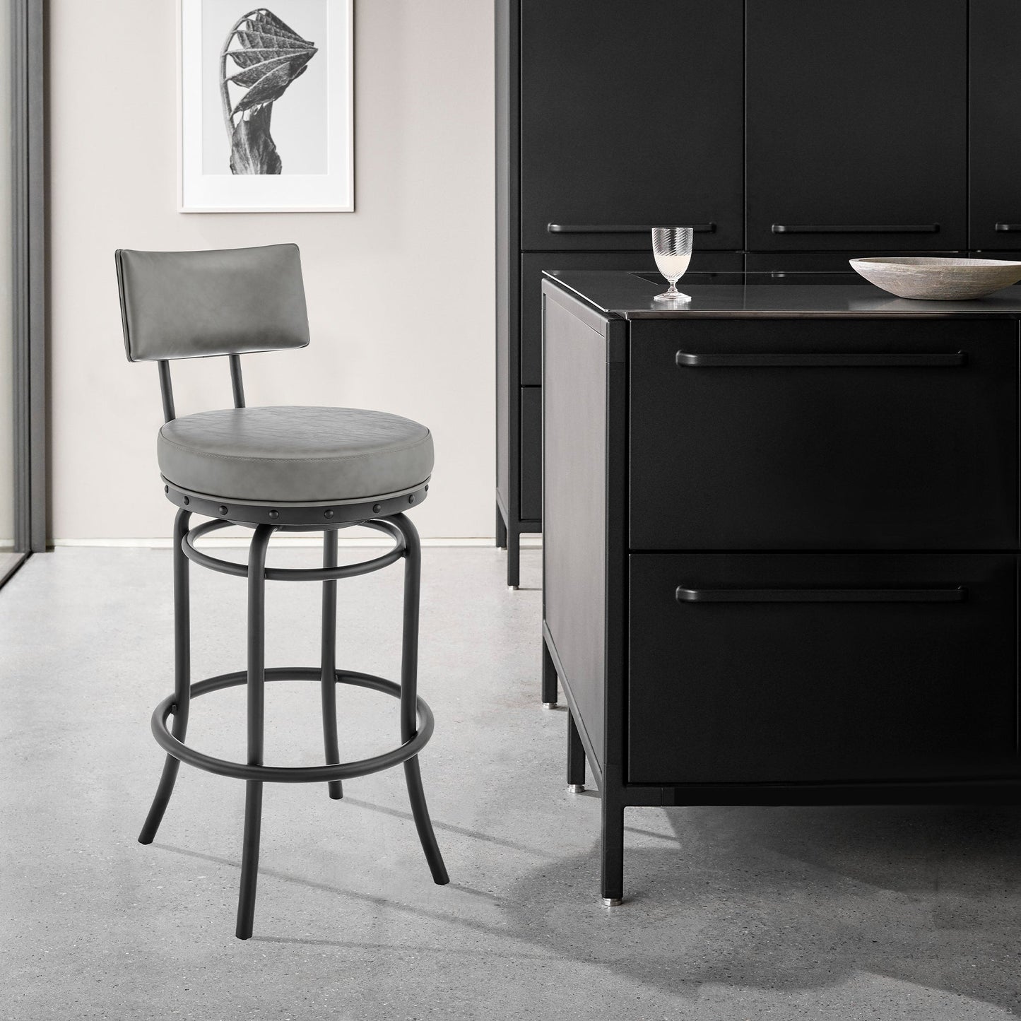 Rees Swivel Counter or Bar Stool in Black Finish with Gray Faux Leather