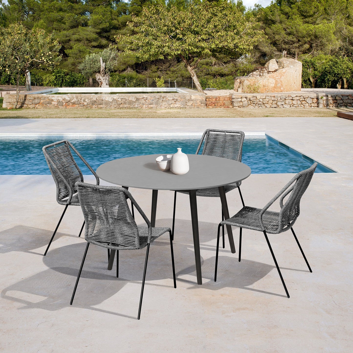 Sydney and Clip Outdoor Patio 5 Piece Dining Set in Gray Rope with Black Eucalyptus Wood