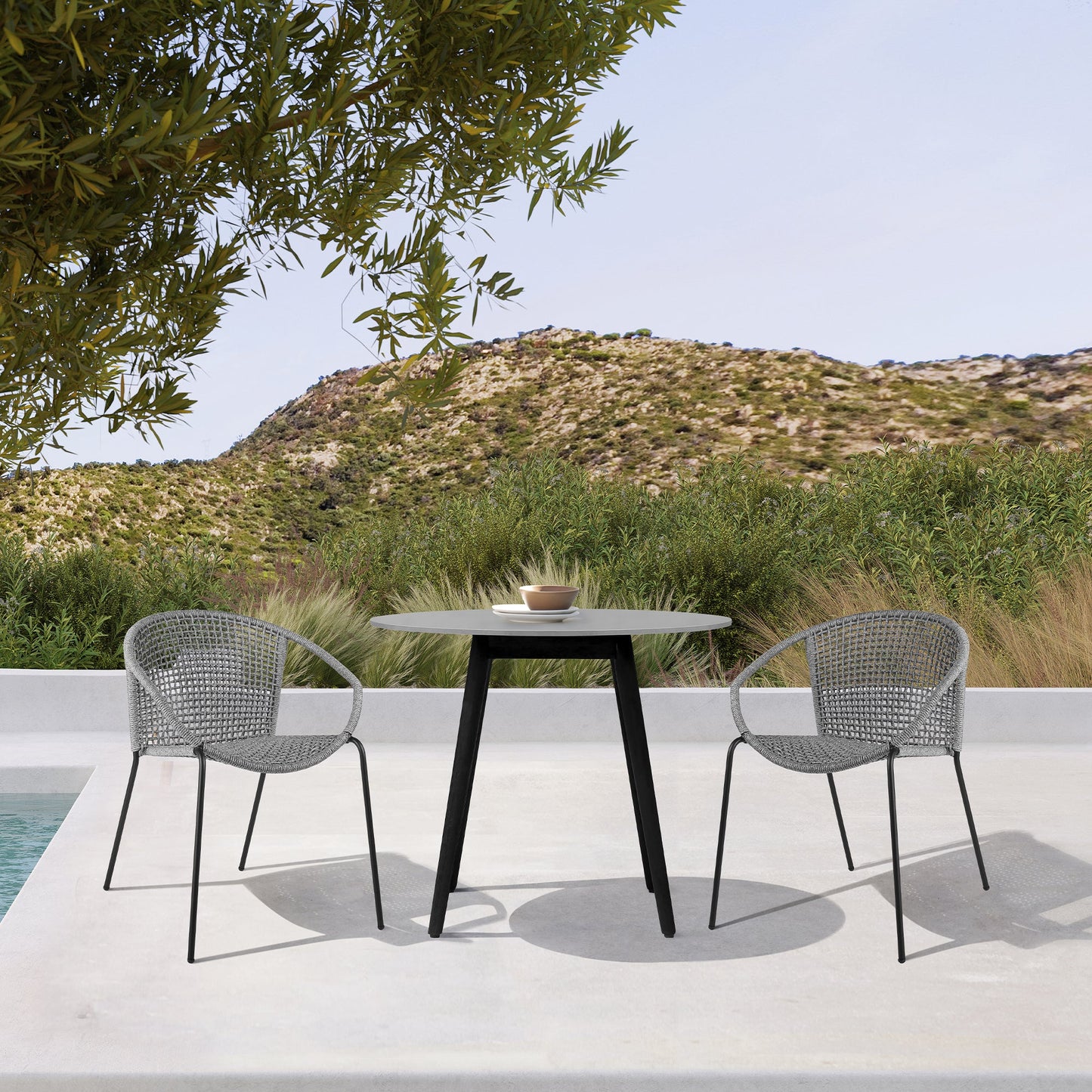 Sydney and Snack 3 Piece Outdoor Patio 36" Dining Set in Black Eucalyptus Wood and Gray Rope