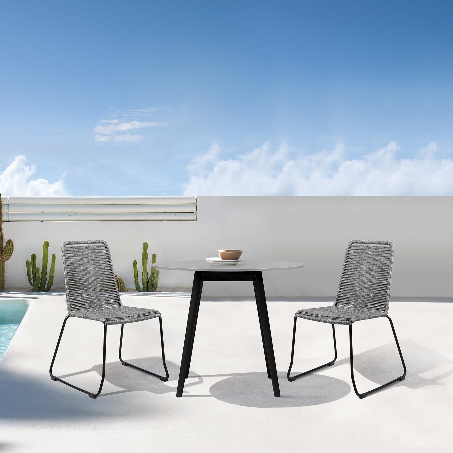 Sydney and Shasta 3 Piece Outdoor Patio 36" Dining Set in Black Eucalyptus Wood and Gray Rope