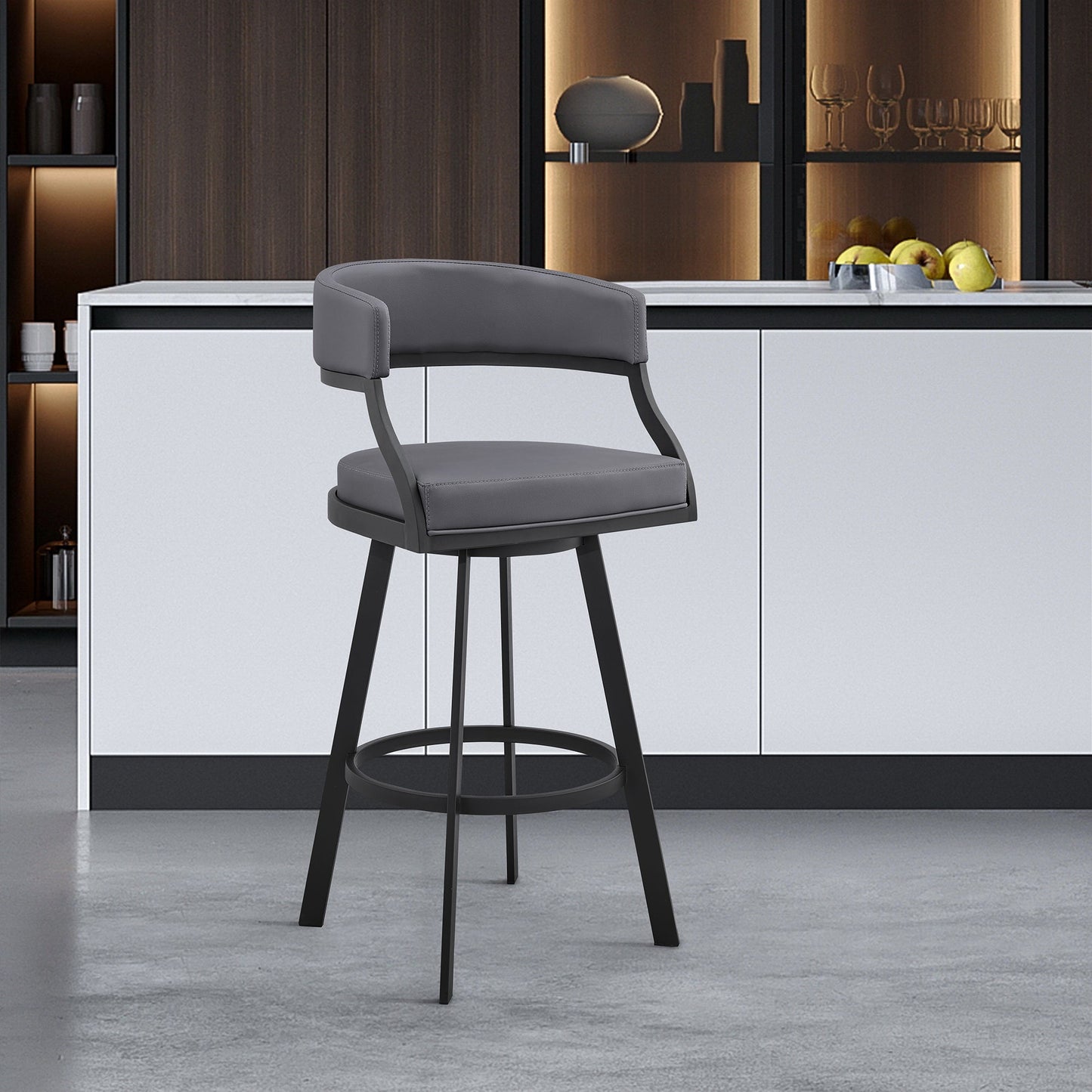 Dione 26" Counter Height Swivel Gray Faux Leather and Black Metal Bar Stool