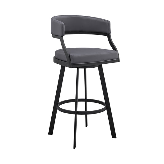 Dione 30" Bar Height Swivel Gray Faux Leather and Black Metal Bar Stool