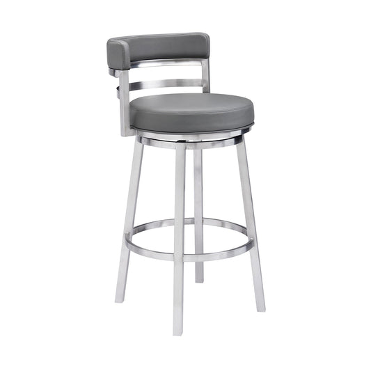 Titana 30" Bar Height Swivel Gray Faux Leather and Brushed Stainless Steel Bar Stool