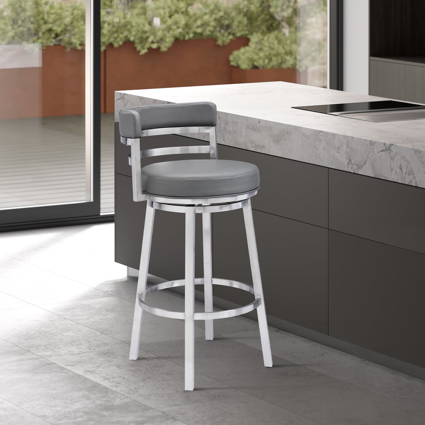 Titana 26" Counter Height Swivel Gray Faux Leather and Brushed Stainless Steel Bar Stool