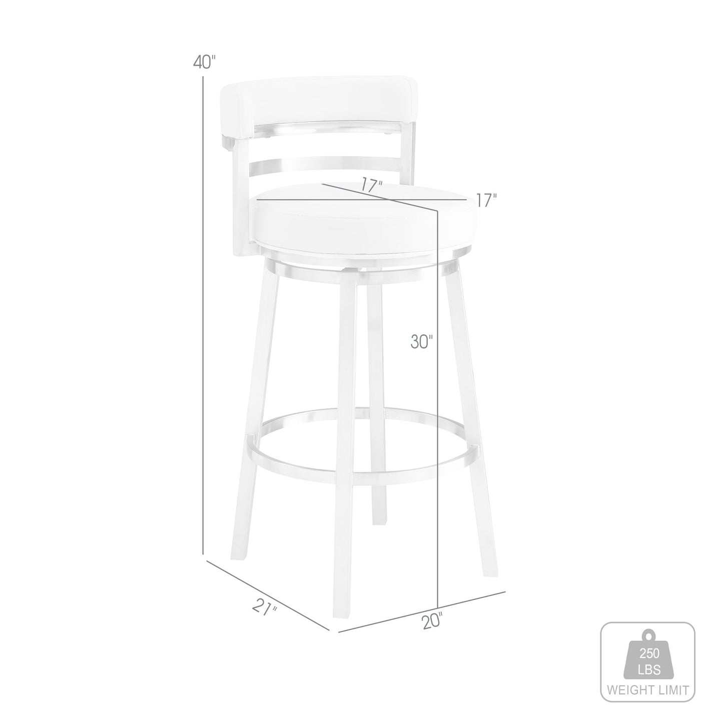 Titana 30" Bar Height Swivel White Faux Leather and Brushed Stainless Steel Bar Stool