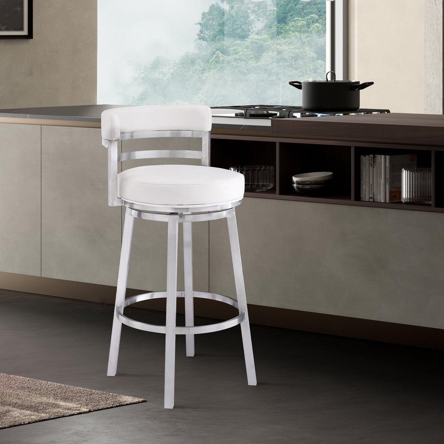 Titana 30" Bar Height Swivel White Faux Leather and Brushed Stainless Steel Bar Stool