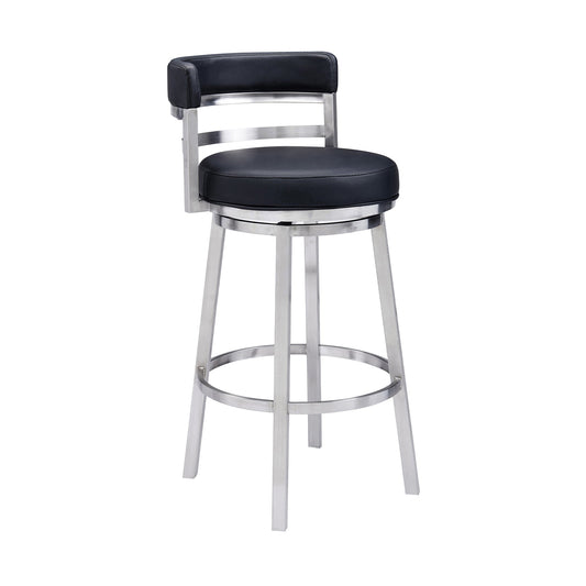 Titana 30" Bar Height Swivel Black Faux Leather and Brushed Stainless Steel Bar Stool