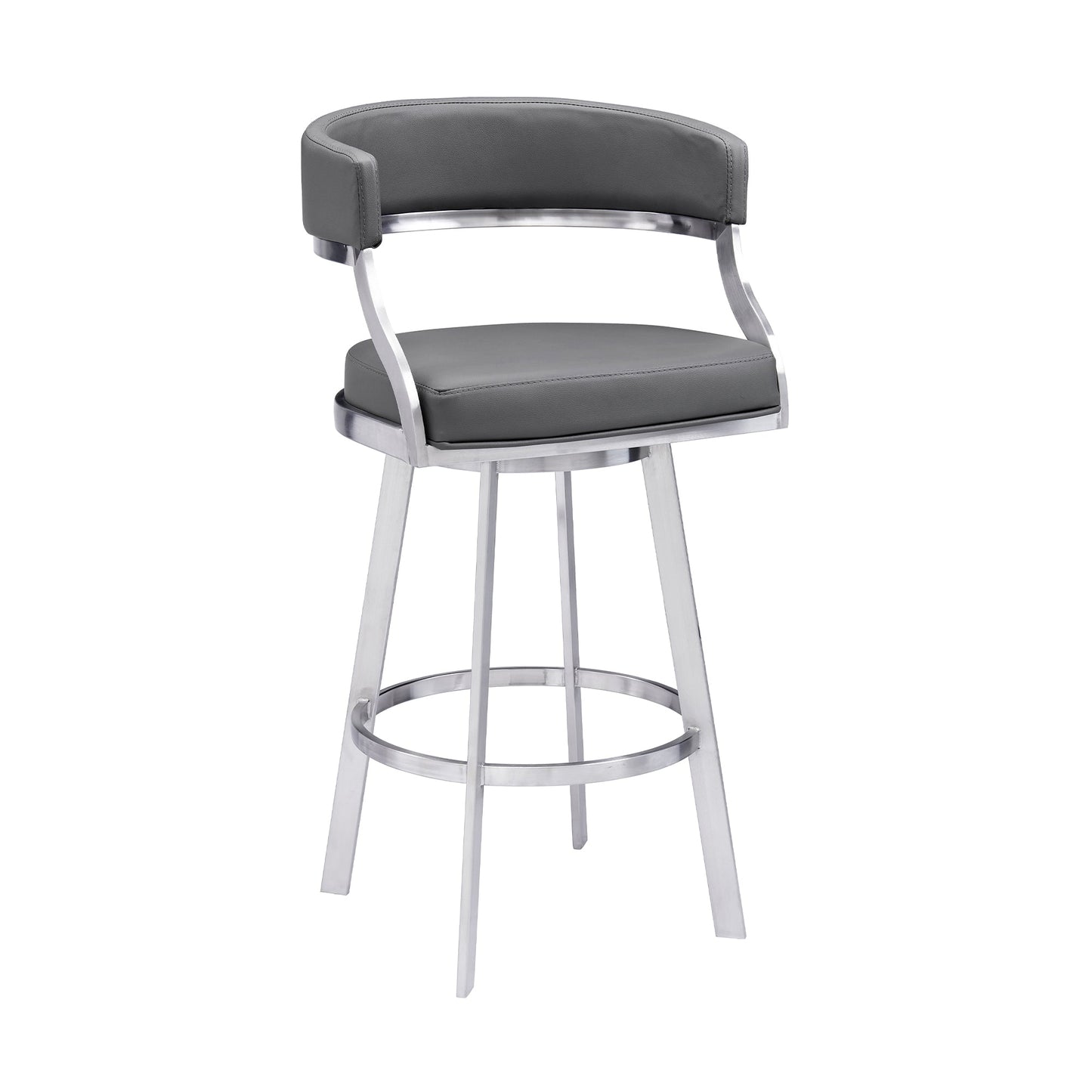 Dione 30" Bar Height Swivel Gray Faux Leather and Brushed Stainless Steel Bar Stool