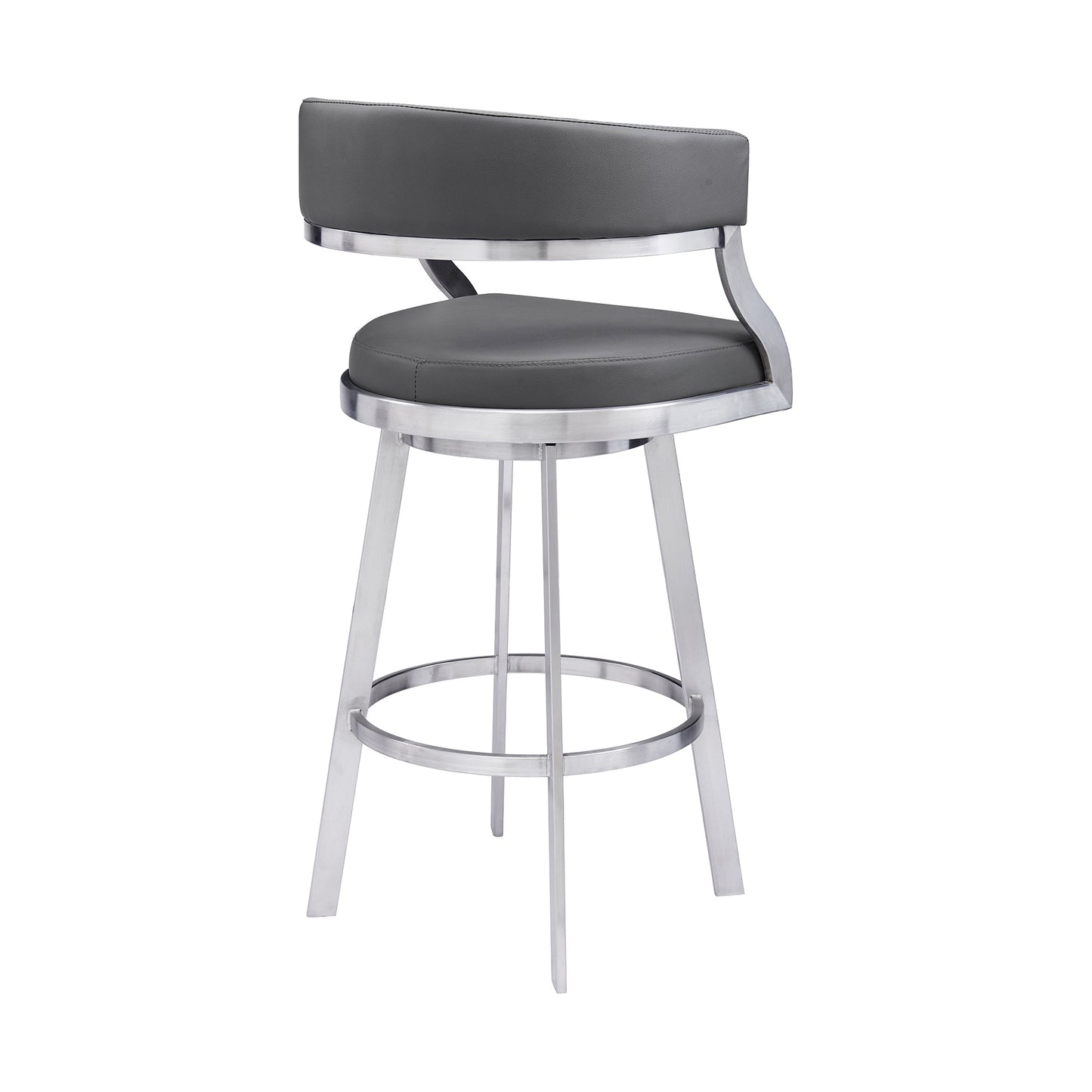 Dione 30" Bar Height Swivel Gray Faux Leather and Brushed Stainless Steel Bar Stool