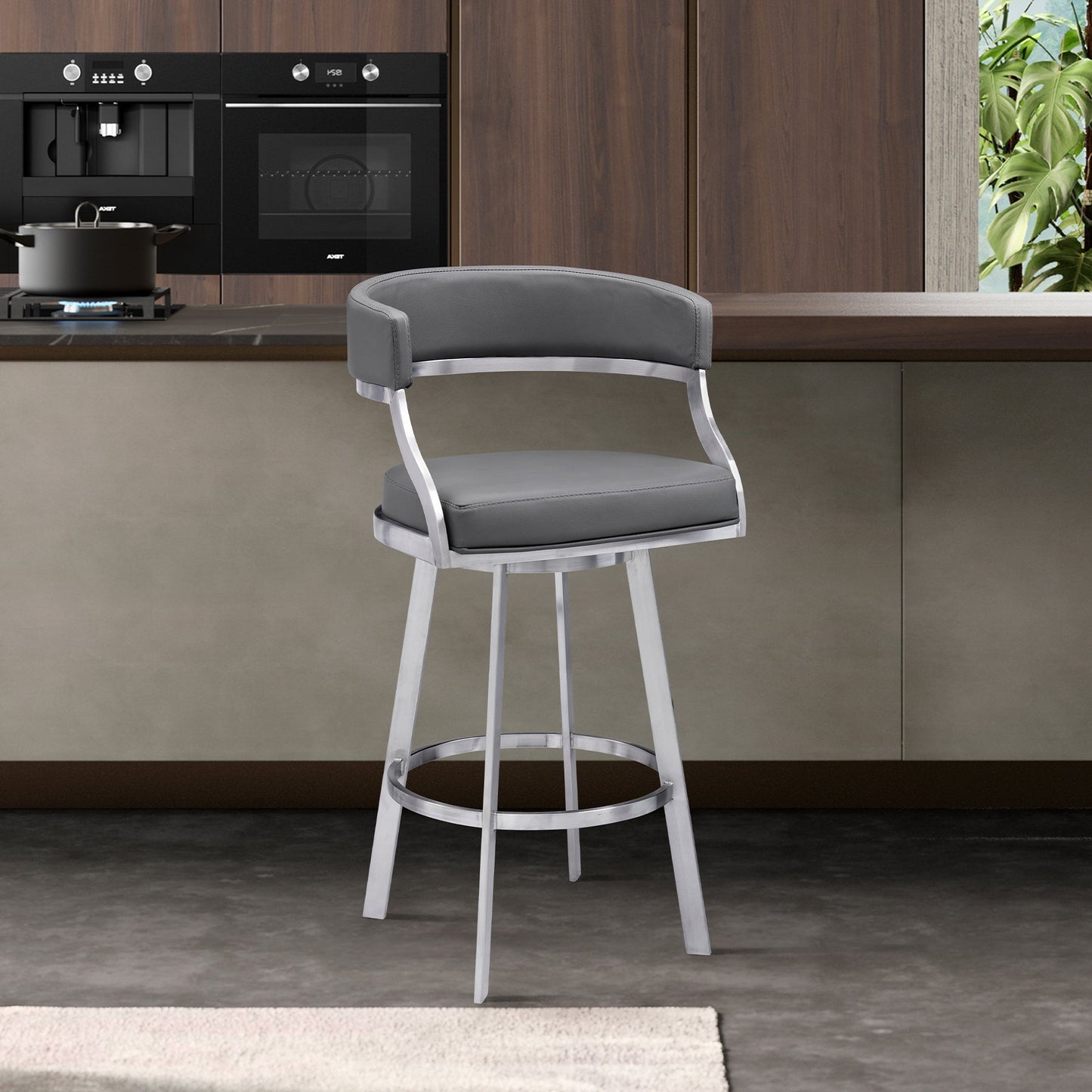 Dione 30" Bar Height Swivel Gray Faux Leather and Brushed Stainless Steel Bar Stool