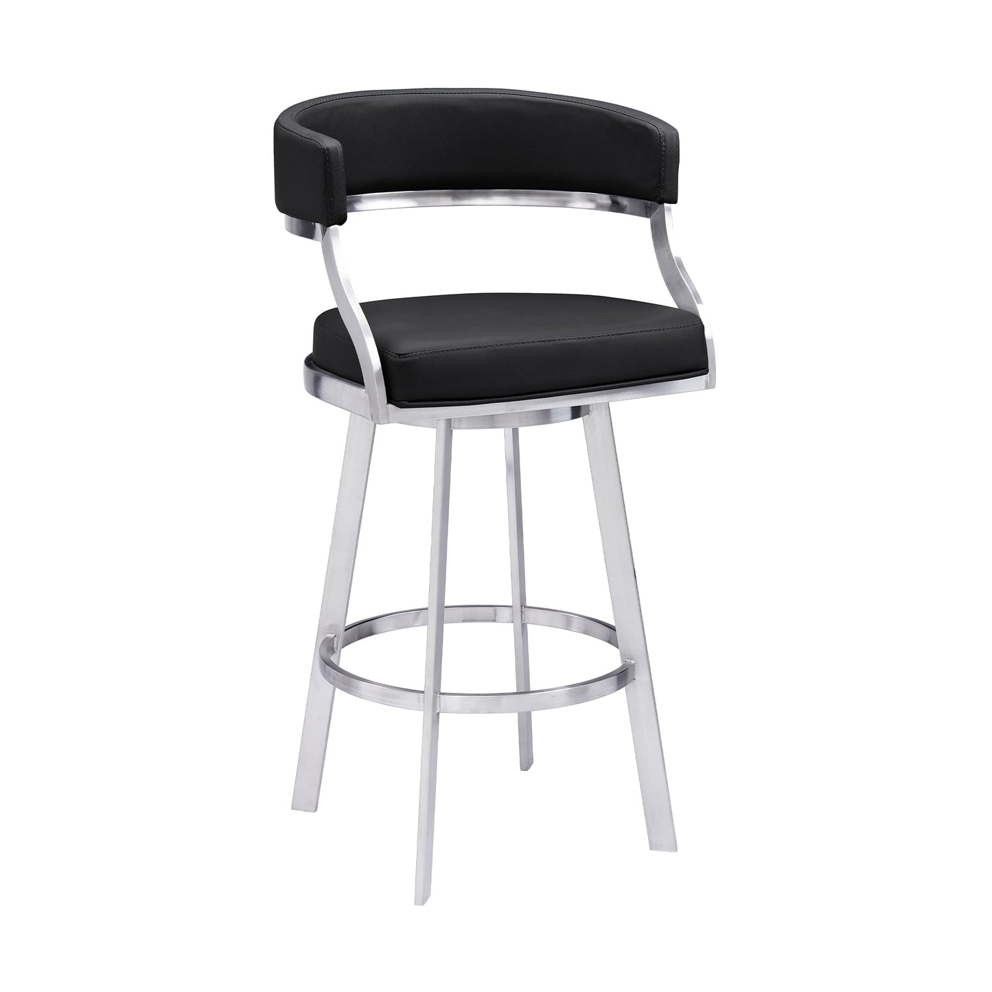 Dione 30" Bar Height Swivel Black Faux Leather and Brushed Stainless Steel Bar Stool