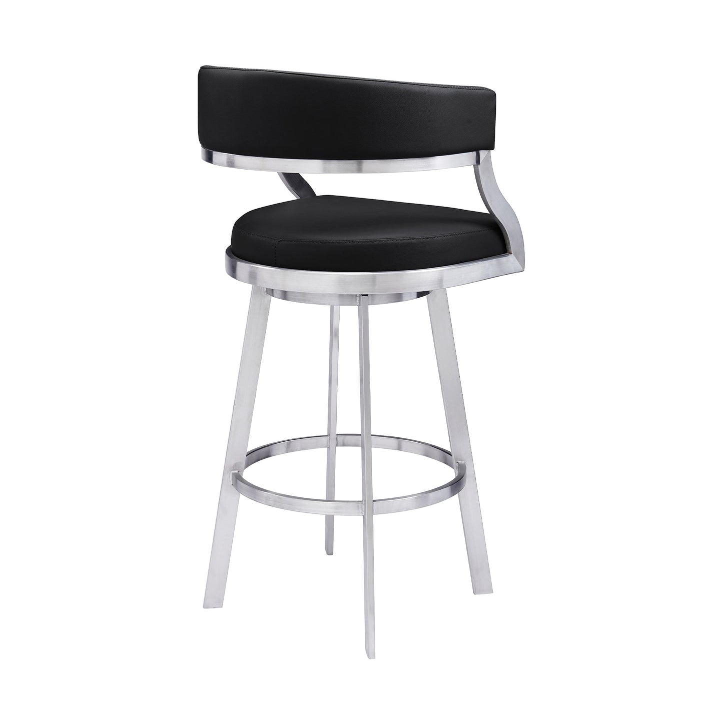 Dione 30" Bar Height Swivel Black Faux Leather and Brushed Stainless Steel Bar Stool