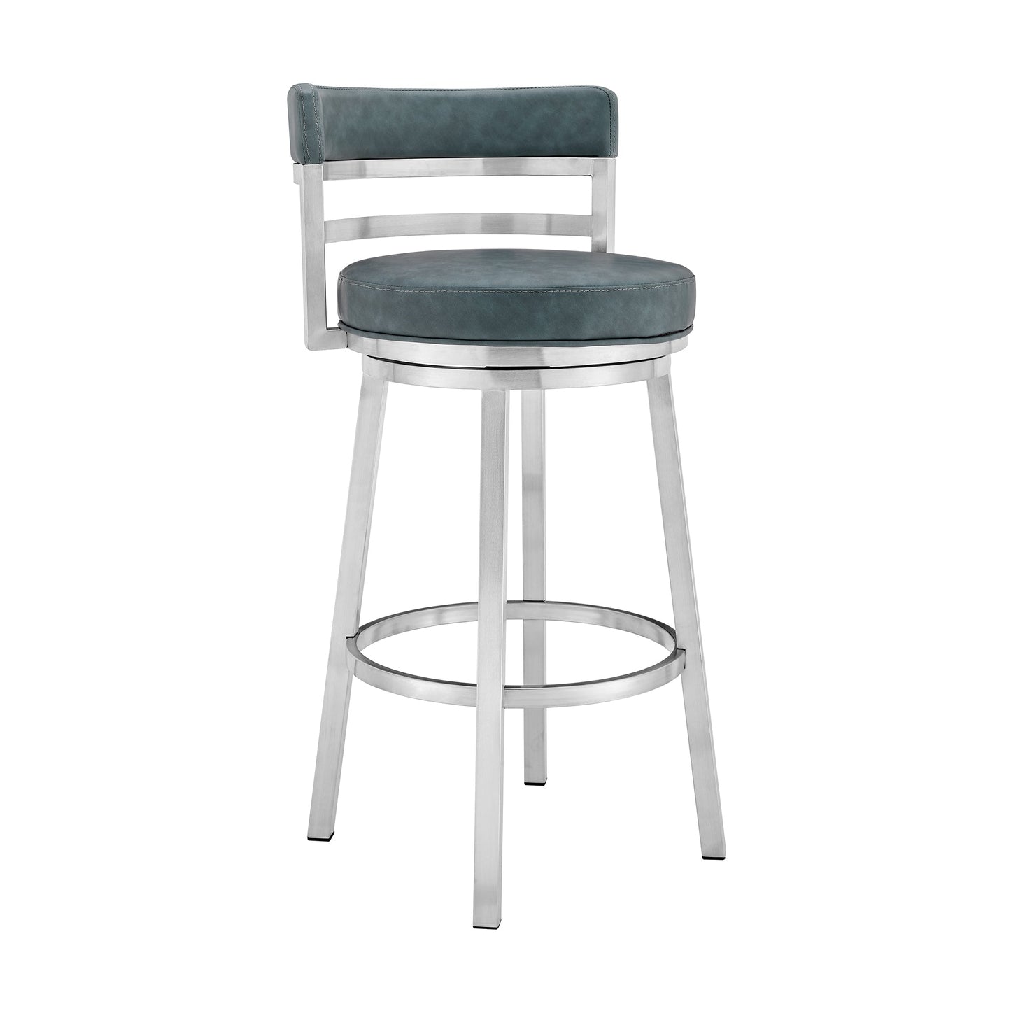 Titana 26" Counter Height Swivel Blue Faux Leather and Brushed Stainless Steel Bar Stool