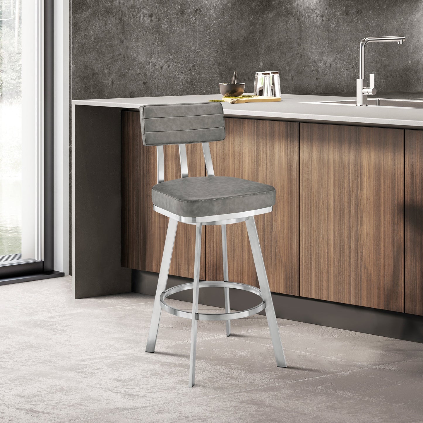 Jinab Swivel Counter Stool in Brushed Stainless Steel with Gray Faux Leather